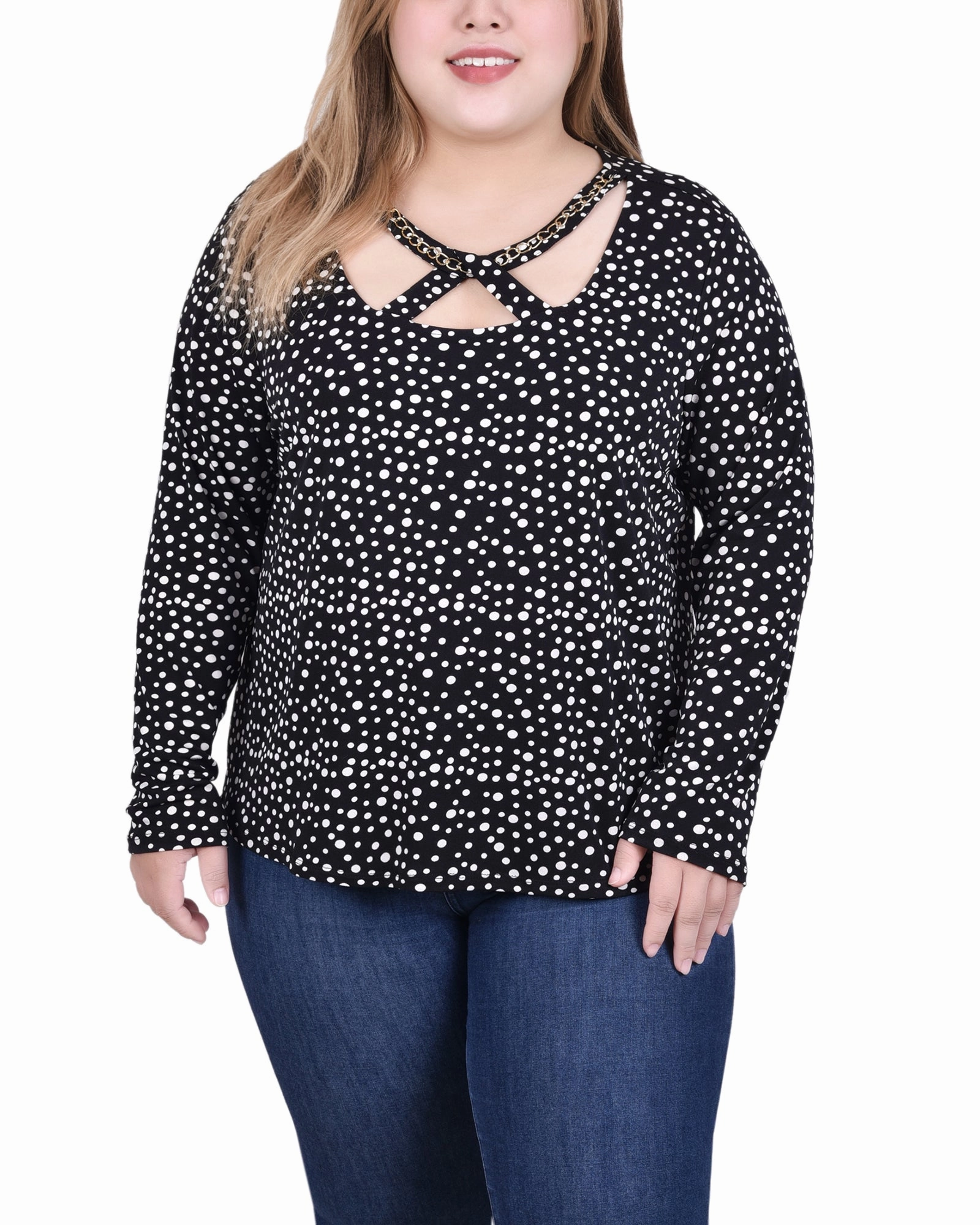 Long Sleeve Jeweled Neck Top Comfort Cushion Neckline Relaxed Fit Shirt