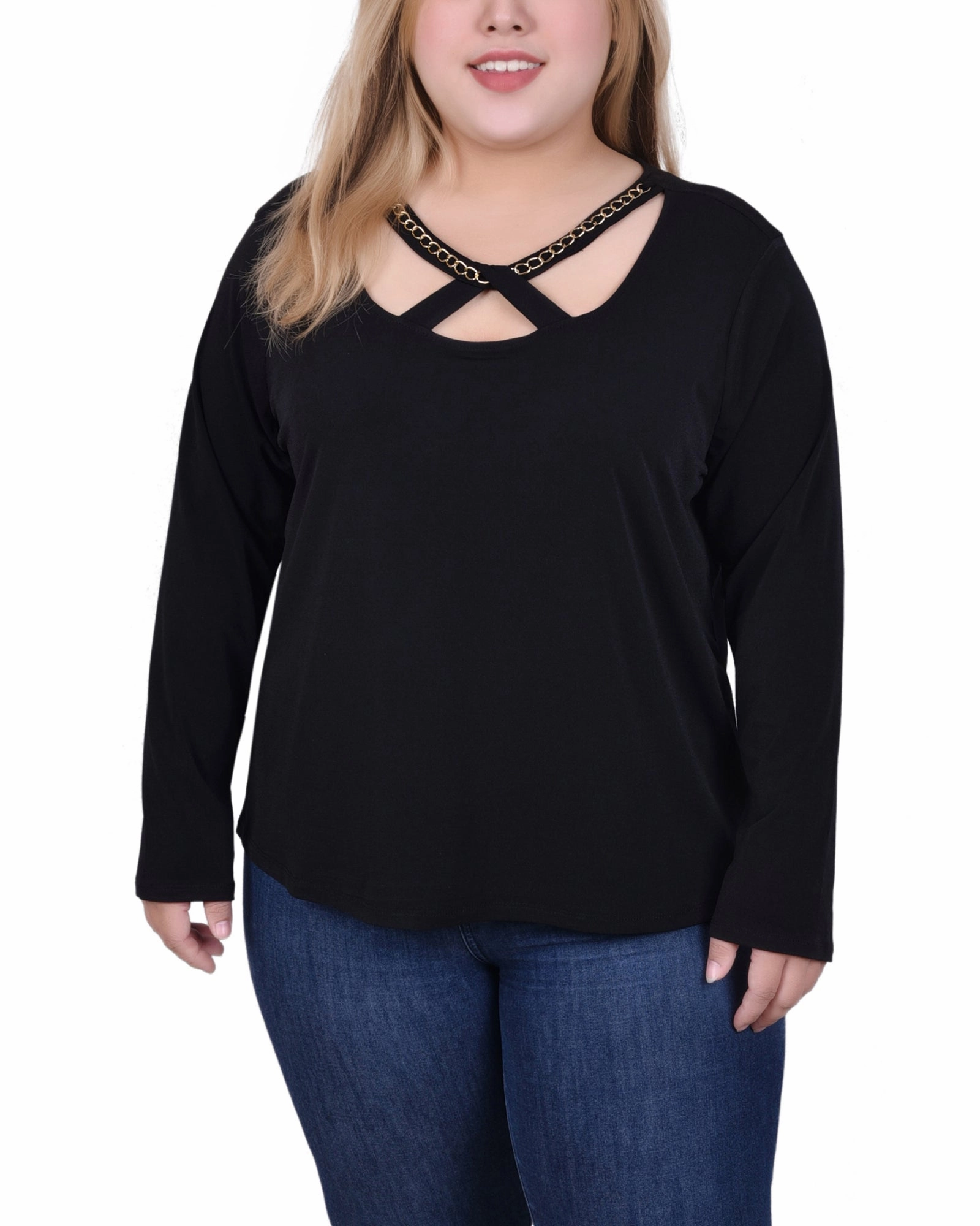 Long Sleeve Jeweled Neck Top Layered Neckline Details