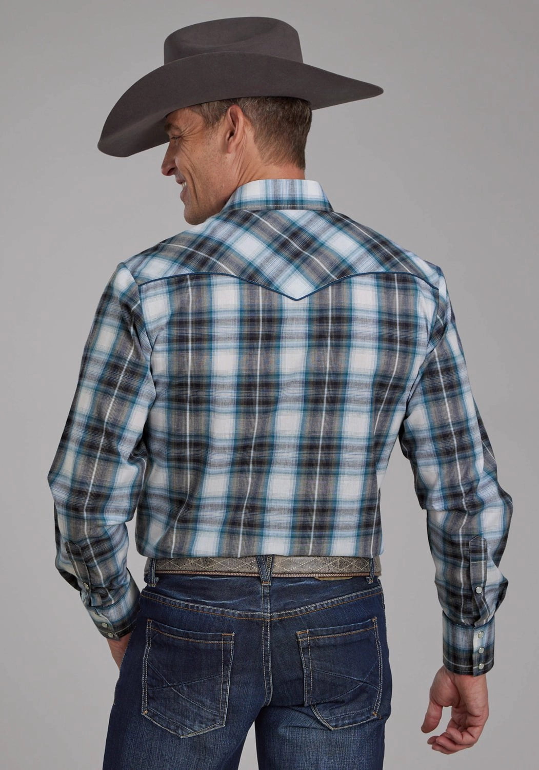 Striped style All-Season Wear Roper Mens 2111 Plaid Navy/Teal Cotton Blend L/S Shirt