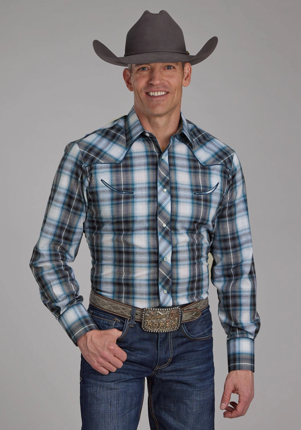 Printed design Black Tie Optional Roper Mens 2111 Plaid Navy/Teal Cotton Blend L/S Shirt