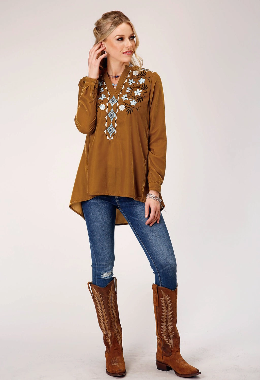 Tropical theme Laser Cut Edge Detail Roper Womens Velvet V-Neck Gold 100% Polyester L/S Tunic