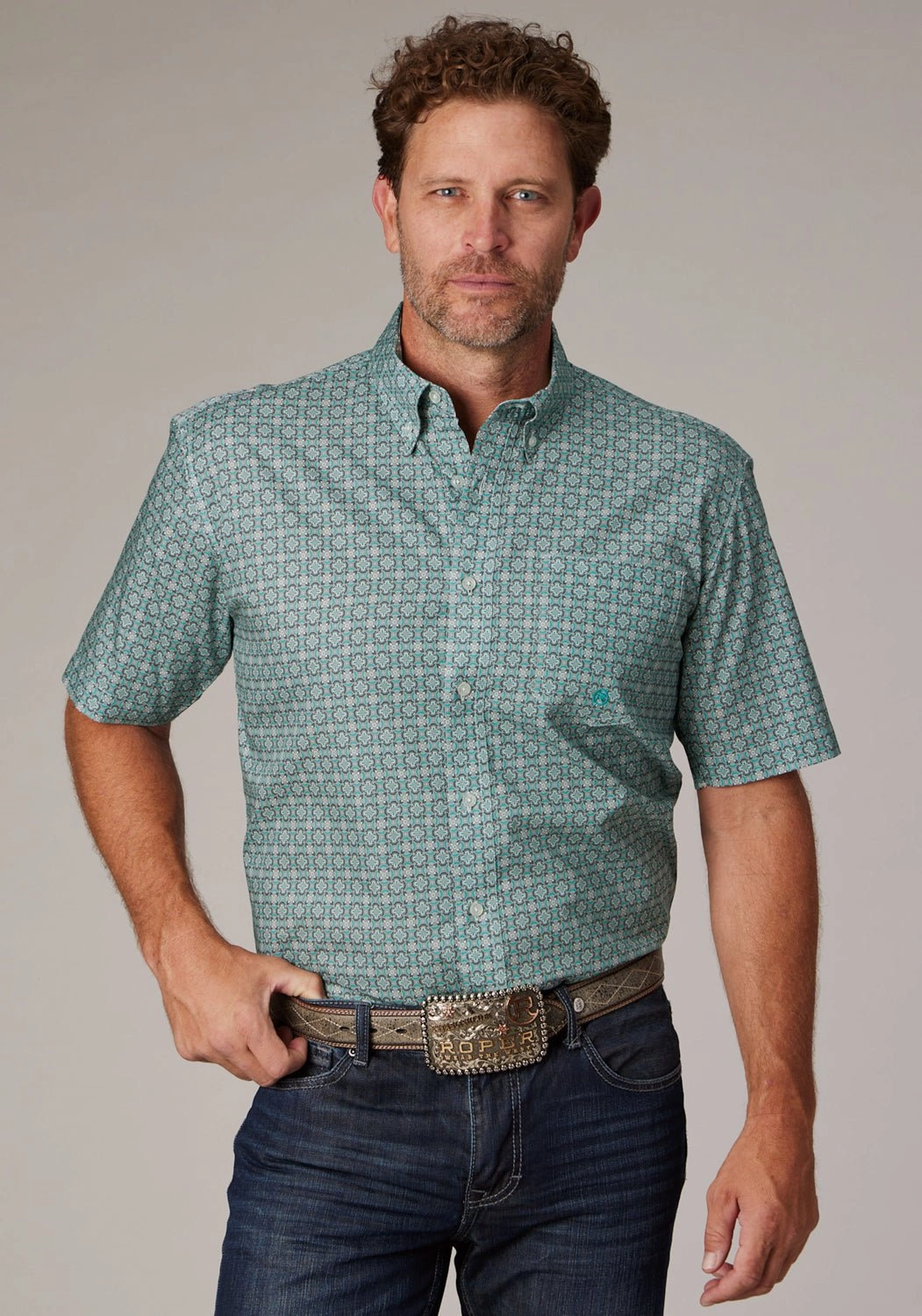 Roper Mens Silver Springs Foulard Grey 100% Cotton 1 Pkt S/S Shirt Breathable Underarm Vents