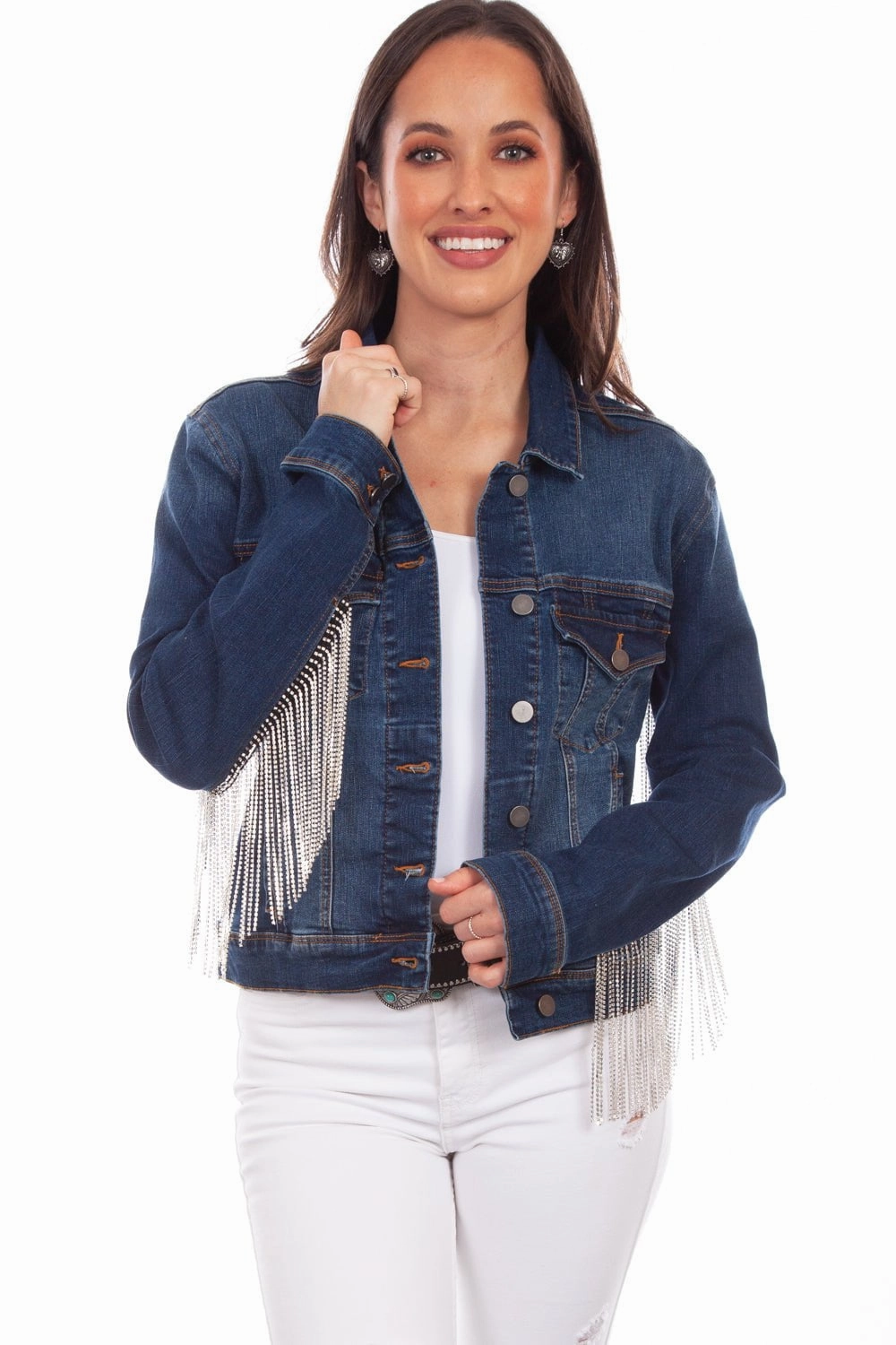 Scully Womens Denim Cotton Blend Rhinestone Fringe Jacket Stain Resistant Material