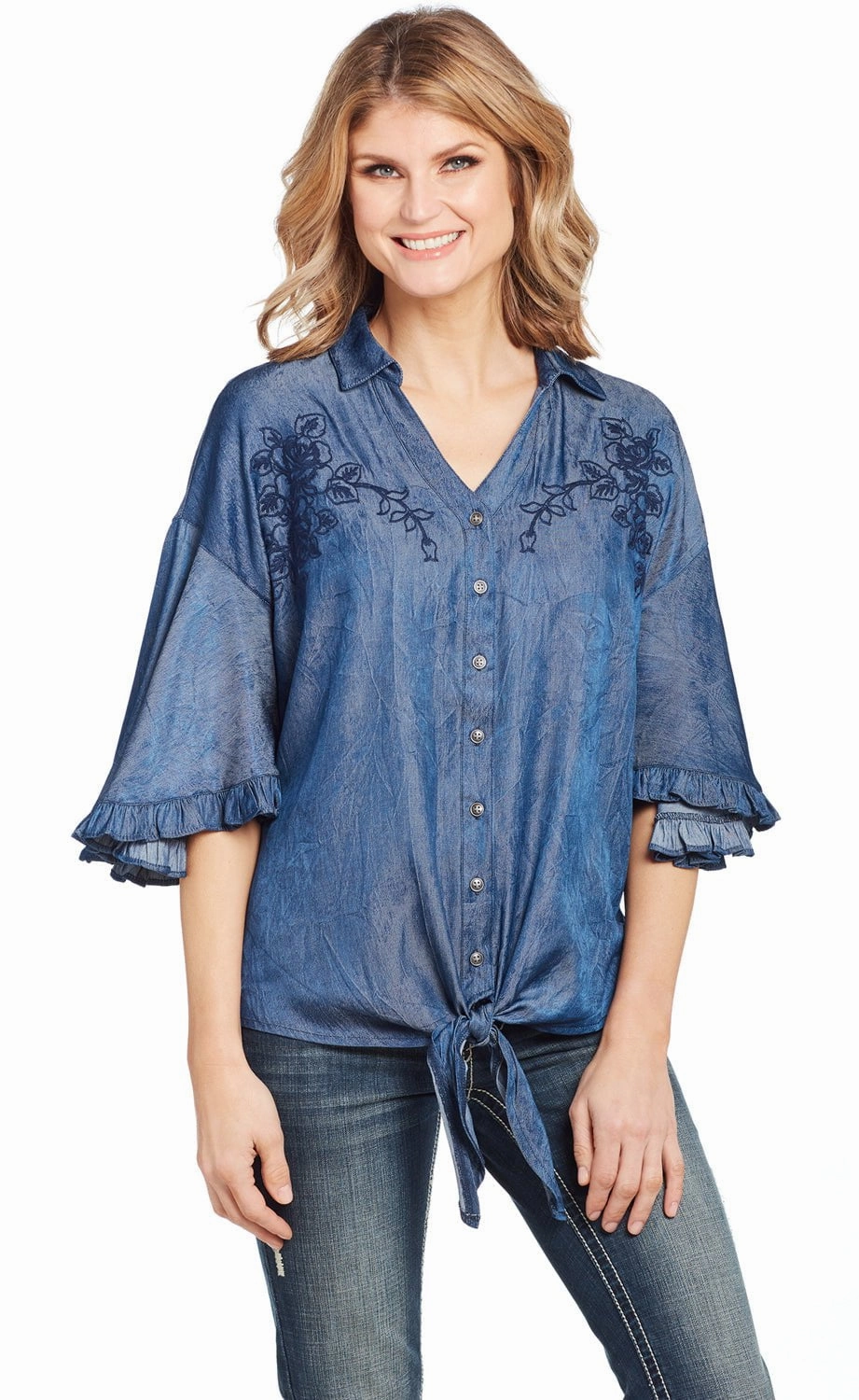 Cowgirl Up Womens Denim Polyester V-Neck Ruffle Blouse S/S fade resistant color