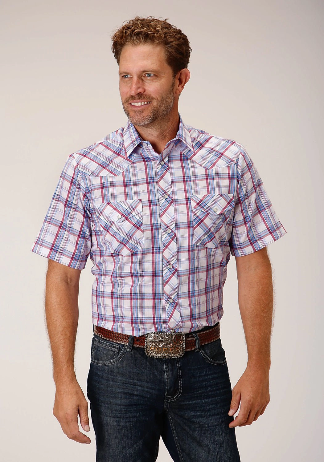 Roper Mens Berry Plaid White Cotton Blend S/S Shirt Unisex style Perfect Fit