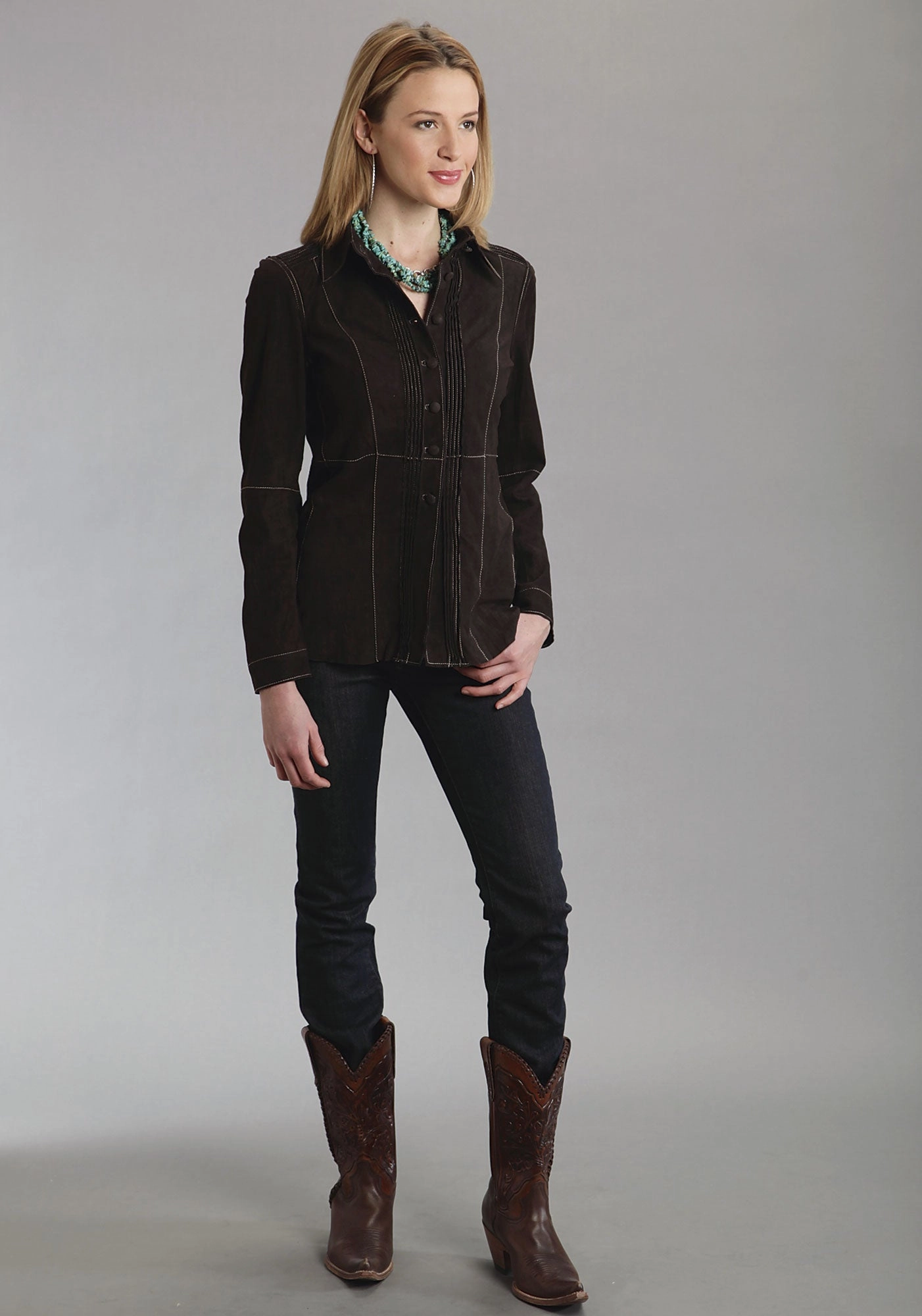 Stetson Womens Brown Suede Leather Jacket Shirt Car Coat Contrast Stitching Structured Casual Fit Adjustable Hemline