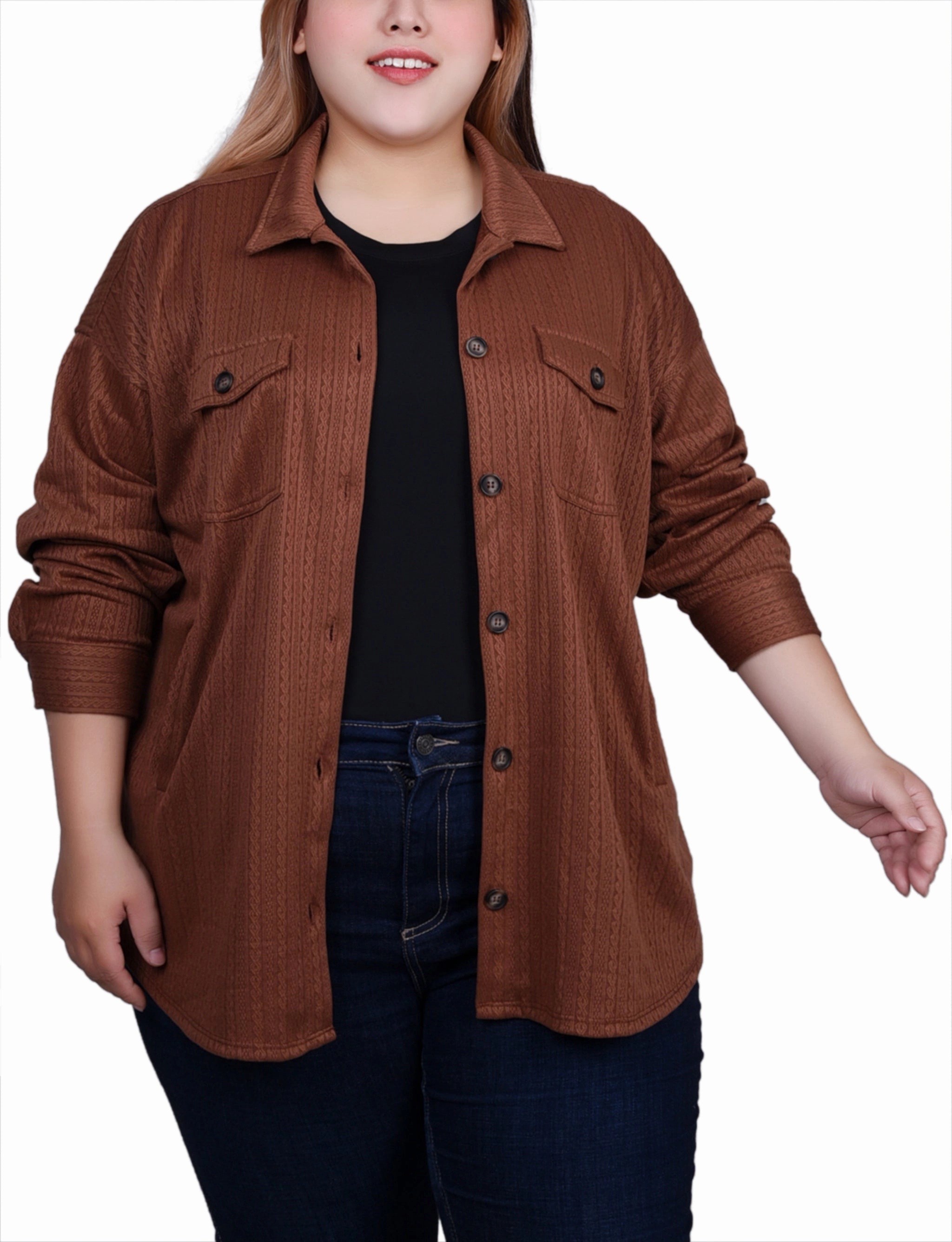 FrictionReducing Sporty Top Plus Size Long Sleeve Textured Knit Shirtjacket