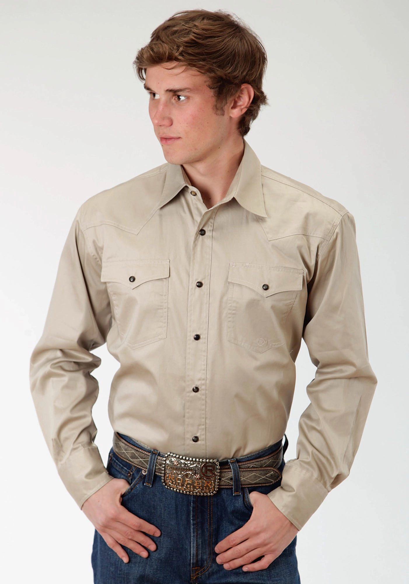 Roll-Up Sleeve Summer Camp Roper Basics Mens Brown 100% Cotton Solid Poplin Tall L/S Shirt