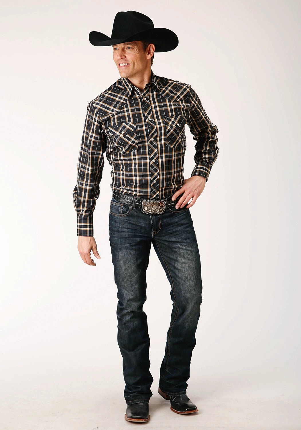 Roper Mens 1711 Tall Plaid Navy/Gold Cotton Blend L/S Shirt Seamless Side Panels Wrinkle Resistant Material