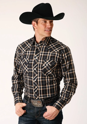 checkered pattern Business Meeting Roper Mens 1711 Tall Plaid Navy/Gold Cotton Blend L/S Shirt