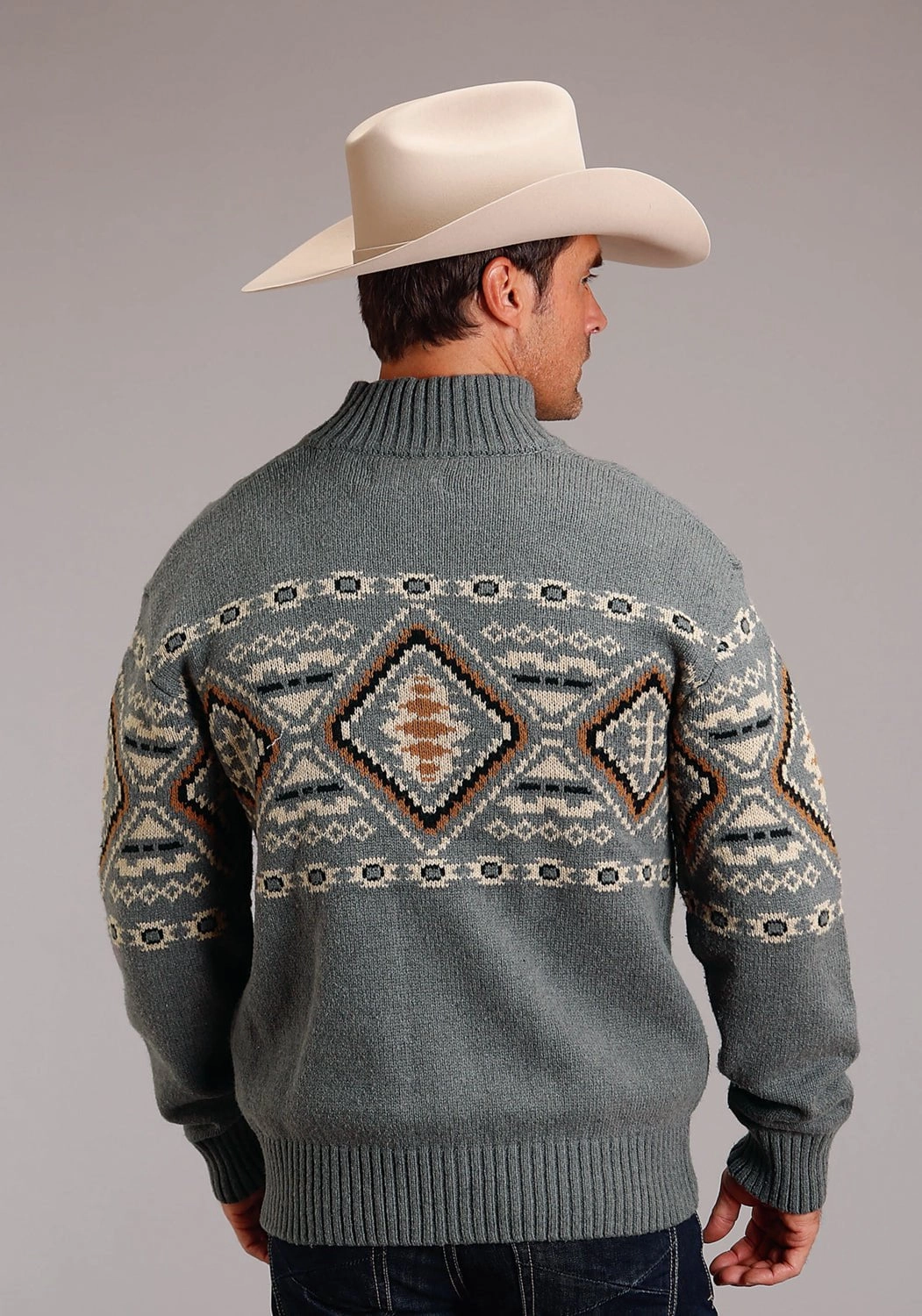 Stetson Mens Aztec Border Grey Cotton/Wool L/S Cardigan Sweater Breathable Layer Mesh Insert