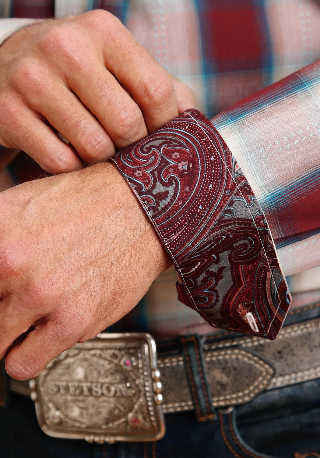 Stetson Mens Wine 100% Cotton Plaid BD L/S 1 Pocket Shirt Year-Round Wear