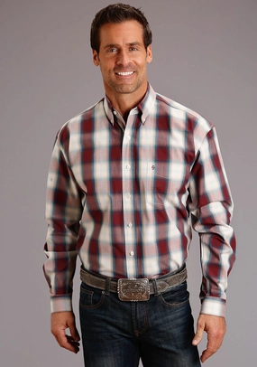 Modern Fit Stetson Mens Wine 100% Cotton Plaid BD L/S 1 Pocket Shirt