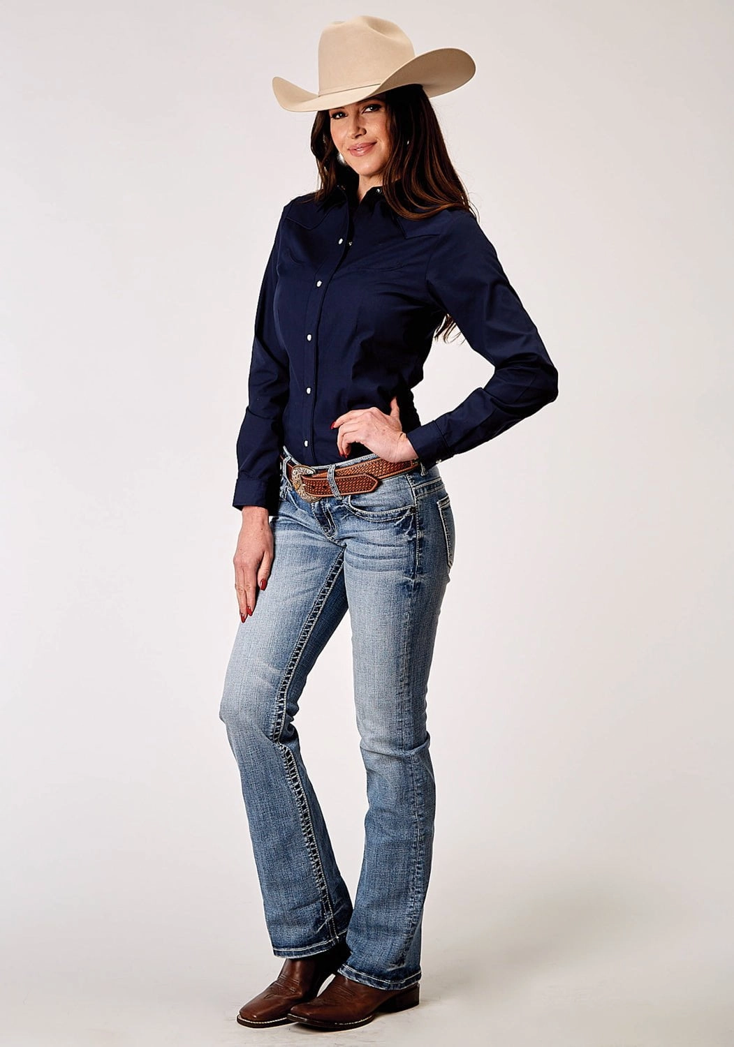 Roper Womens 1985 Broadcloth Deep Navy Cotton Blend L/S Shirt Micro Perforated Texture