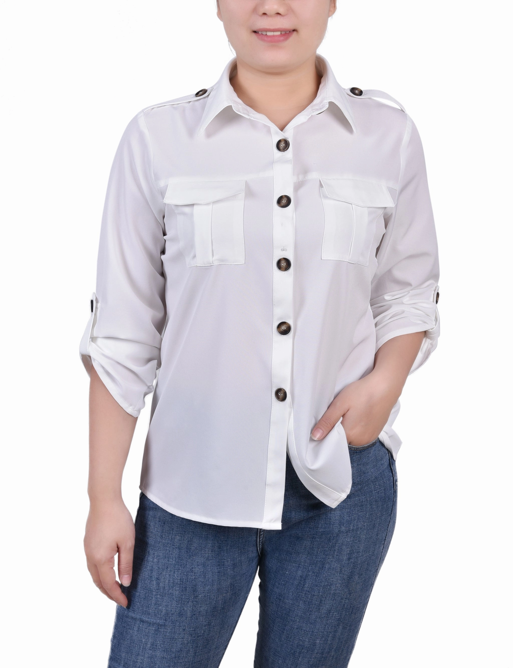 Petite 3/4 Sleeve Roll Tab Blouse Multi Panel Design LightweightFabric