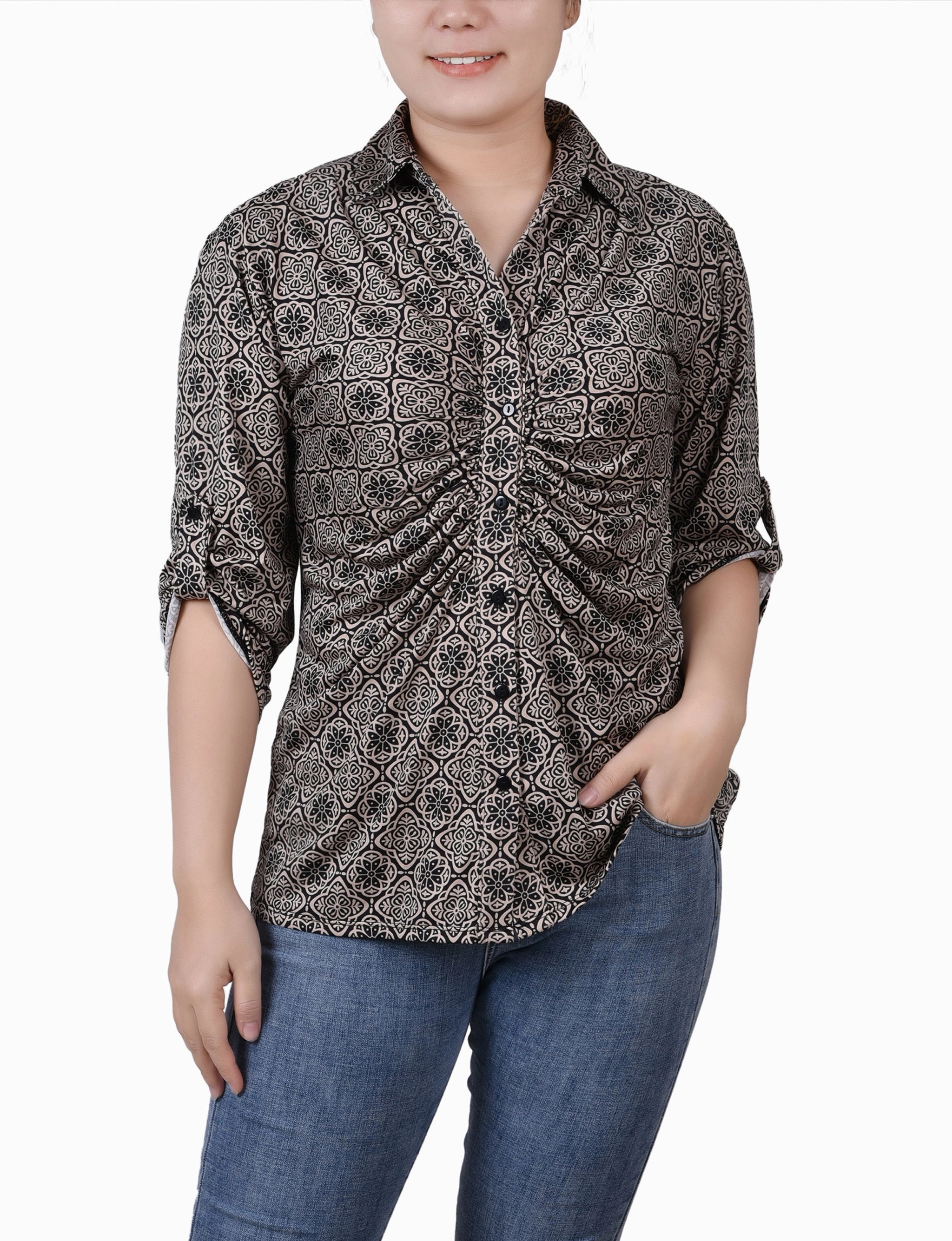 Petite 3/4 Roll Tab Rouched-Front Top ElasticEdgeBinding SecurePockets