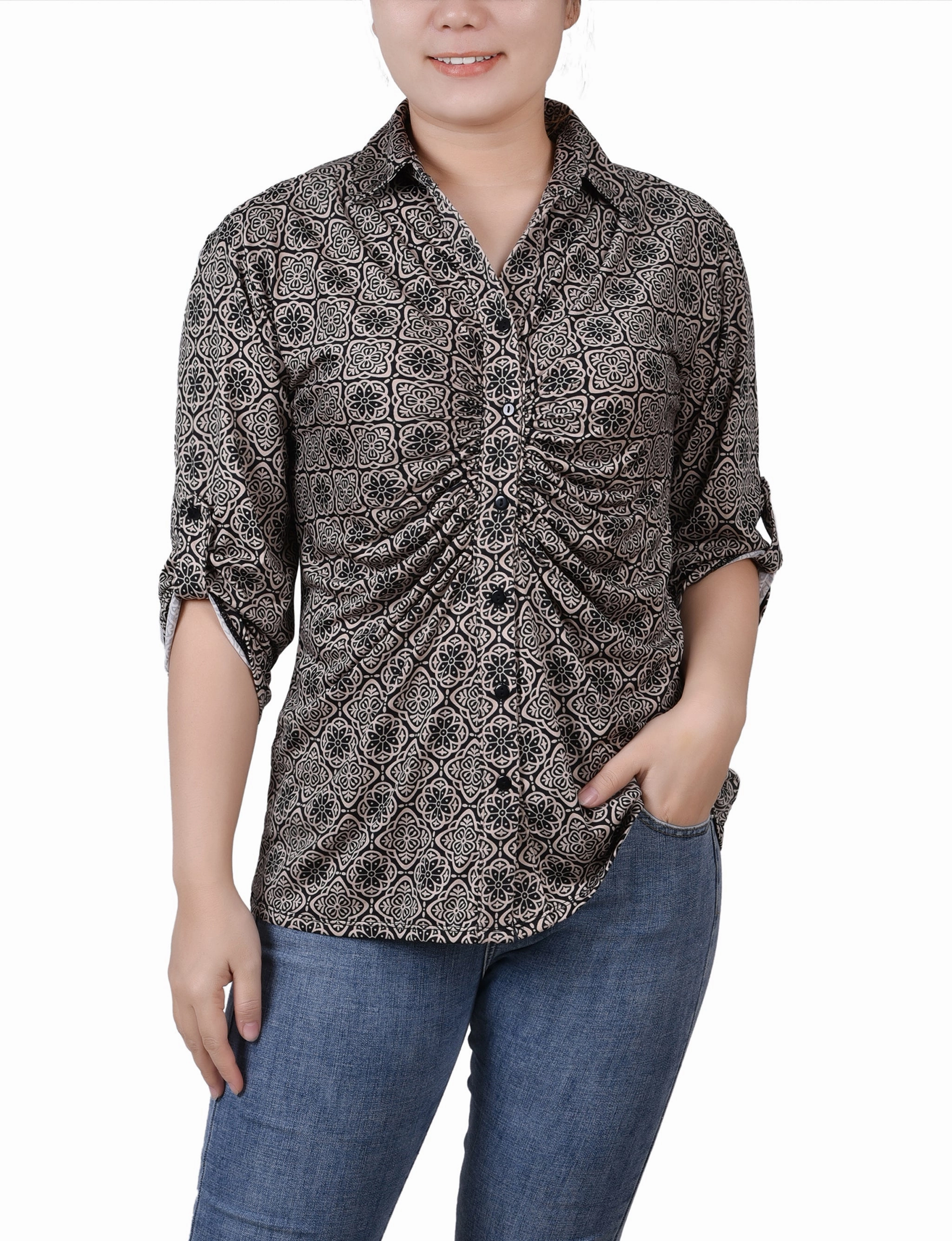 Reversible Layering Tech Petite 3/4 Roll Tab Rouched-Front Top