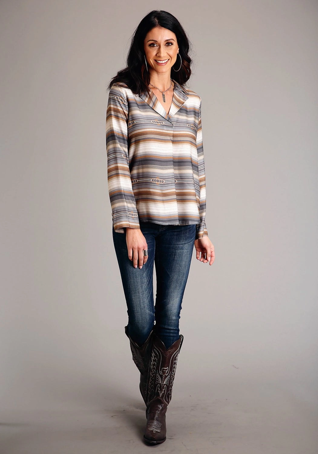 Stetson Womens Desert Serape Brown 100% Rayon L/S Blouse Earthy Palette Athletic Cut