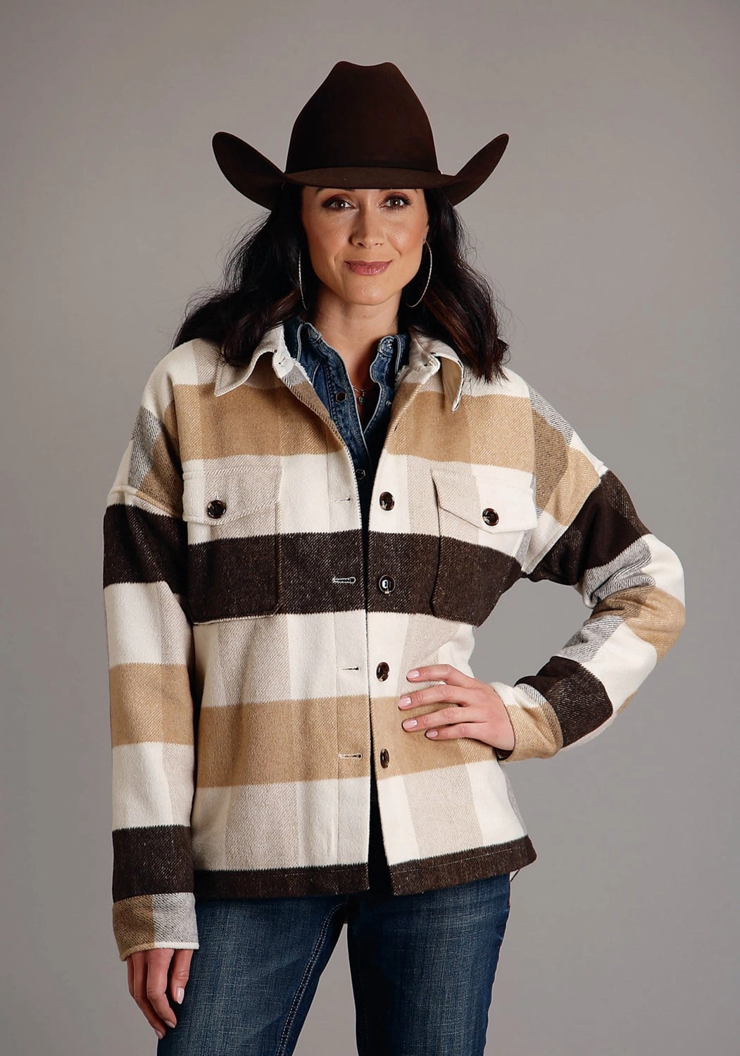 Stetson Womens Earthtone Plaid Brown Wool Blend Wool Jacket color block