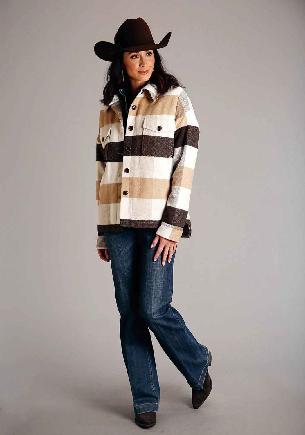 Stetson Womens Earthtone Plaid Brown Wool Blend Wool Jacket Logo Free Style