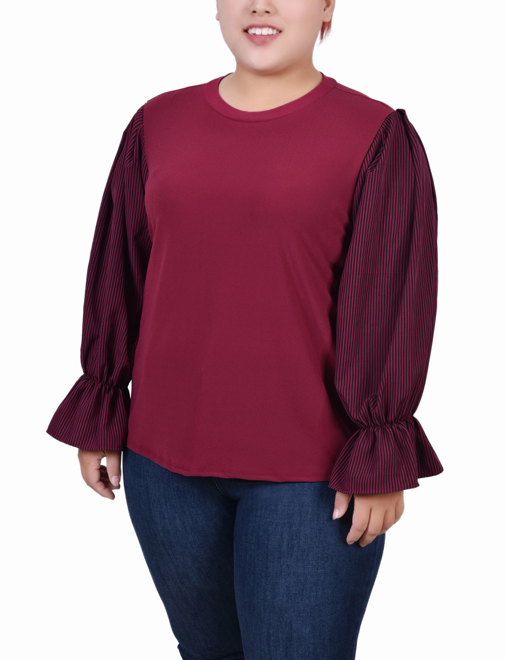Plus Size Long Sleeve Top With Printed Sleeves SleevelessOption Light Fabric