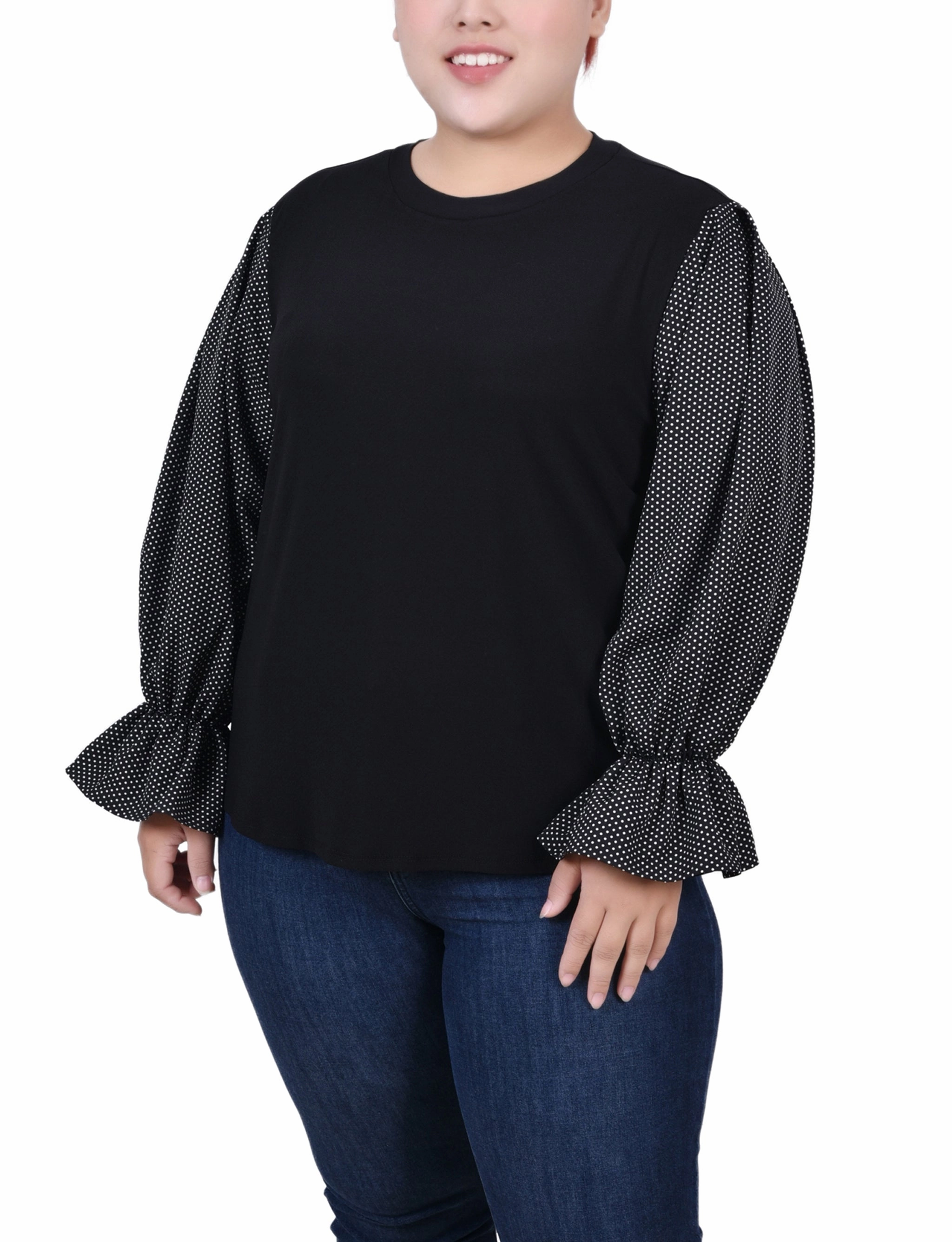 MoistureControl QuickRelease Closure Plus Size Long Sleeve Top With Printed Sleeves