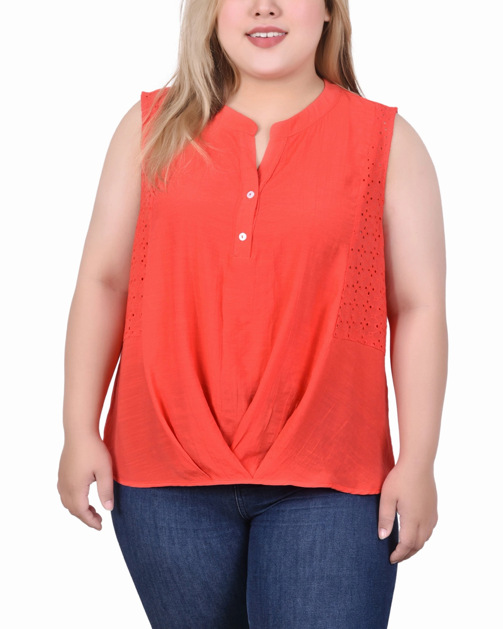 Cozy Cardigan Curved Hemline Sleeveless Blouse With Eyelet Insets