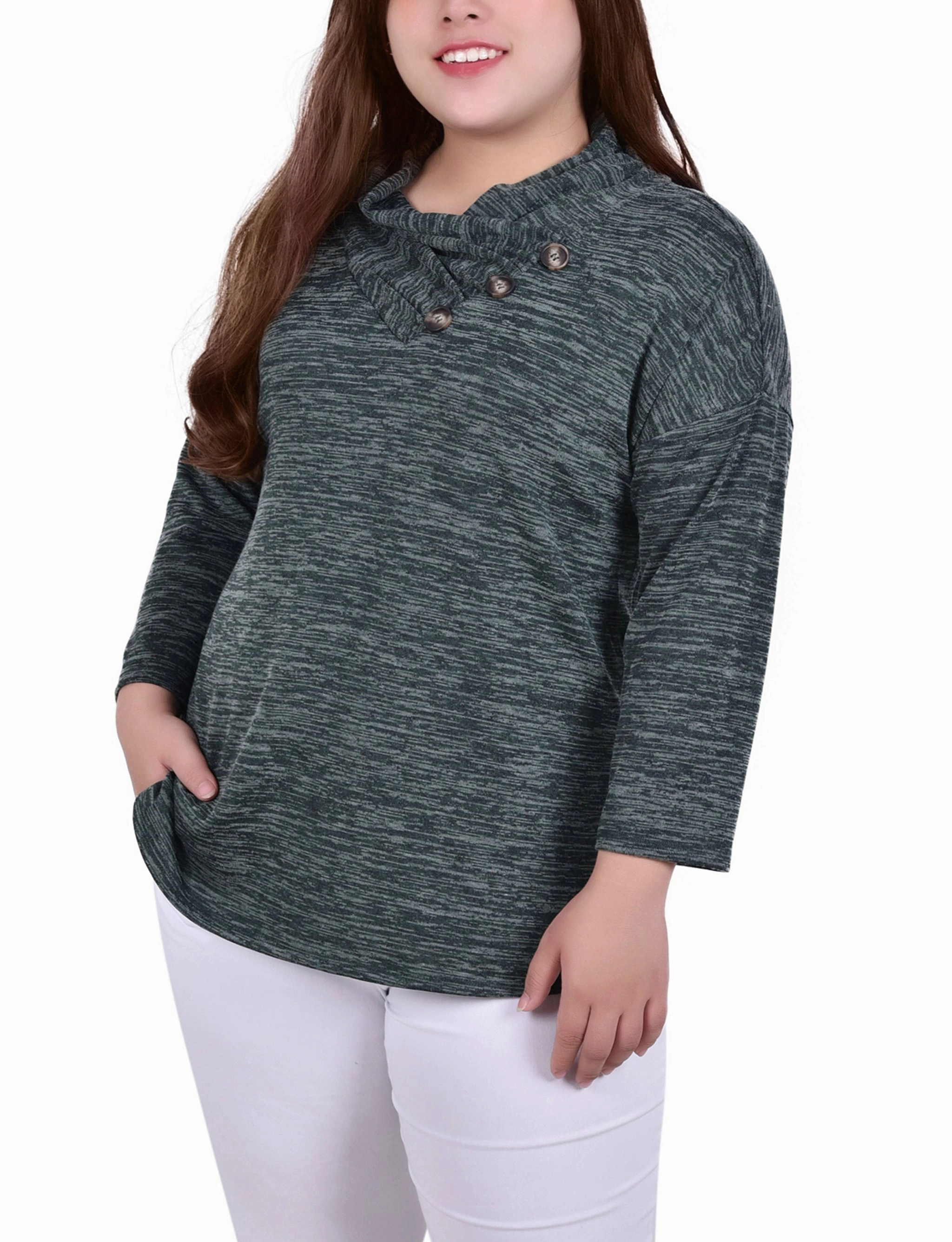 Plus Size 3/4 Sleeve Crossover Cowl Neck Top Natural Aesthetic