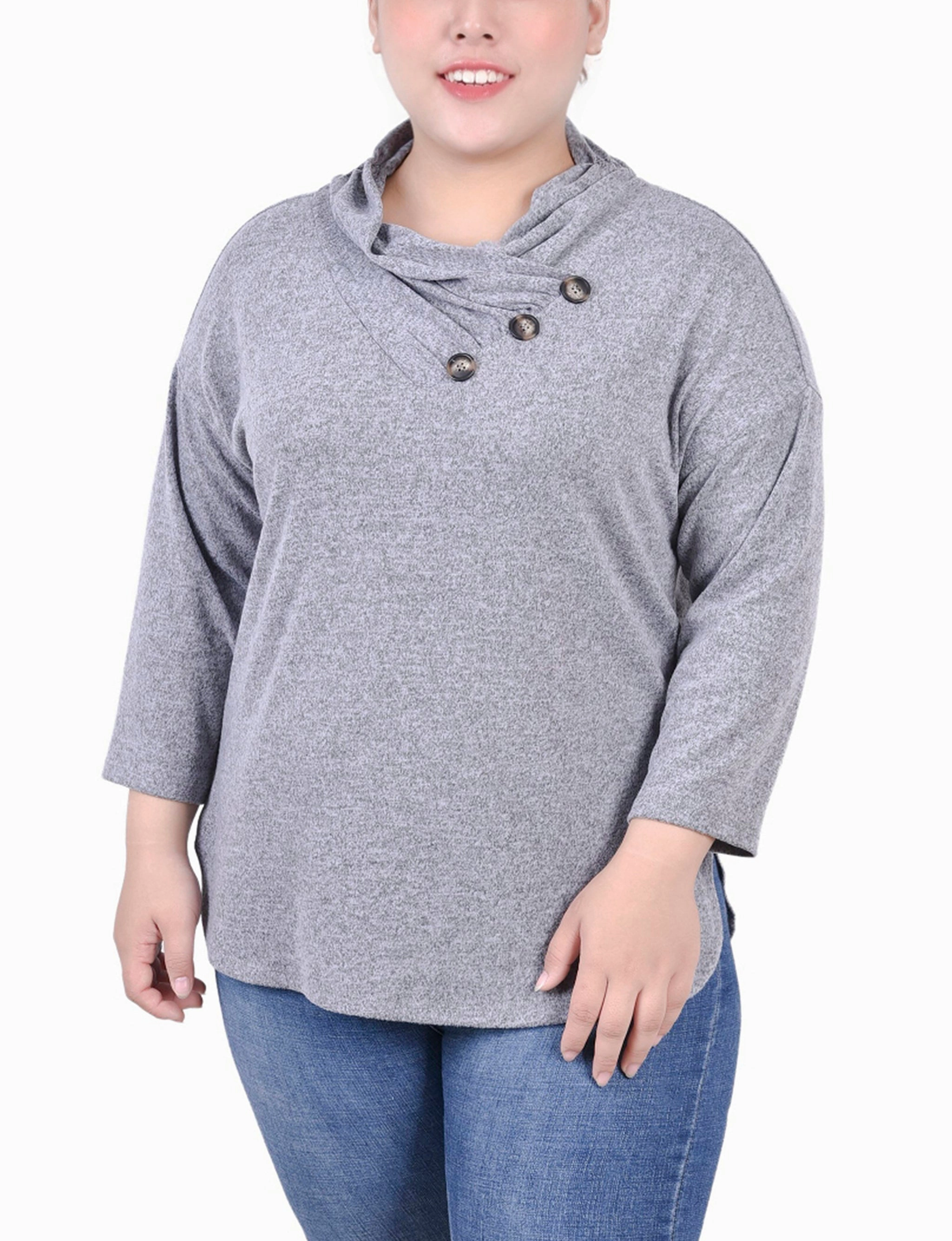 Plus Size 3/4 Sleeve Crossover Cowl Neck Top Contrast Stitching