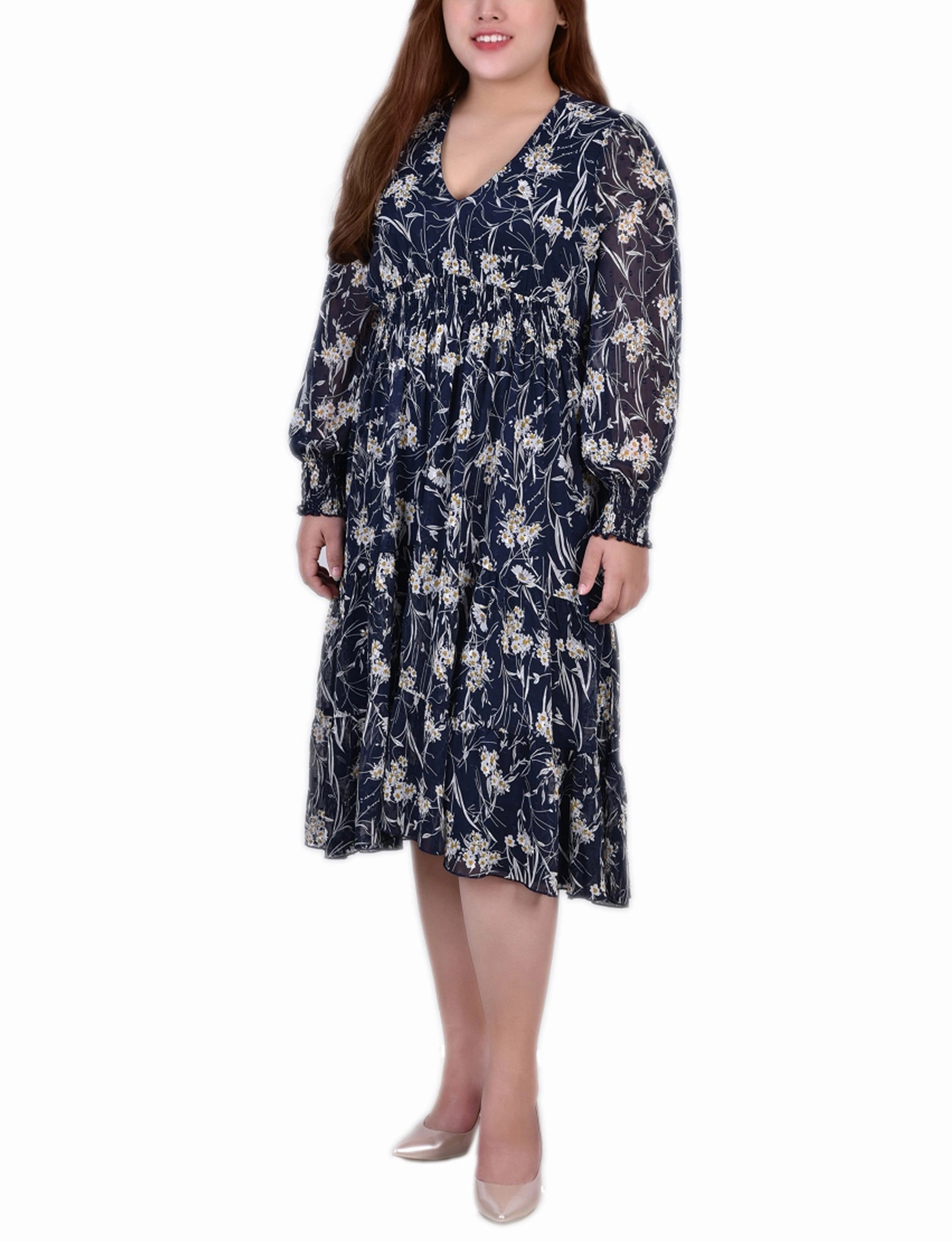 Elegant Wearable Chilly Weather Wear Plus Size Long Sleeve Clip Dot Chiffon Dress With Smocked Waist and Cuffs
