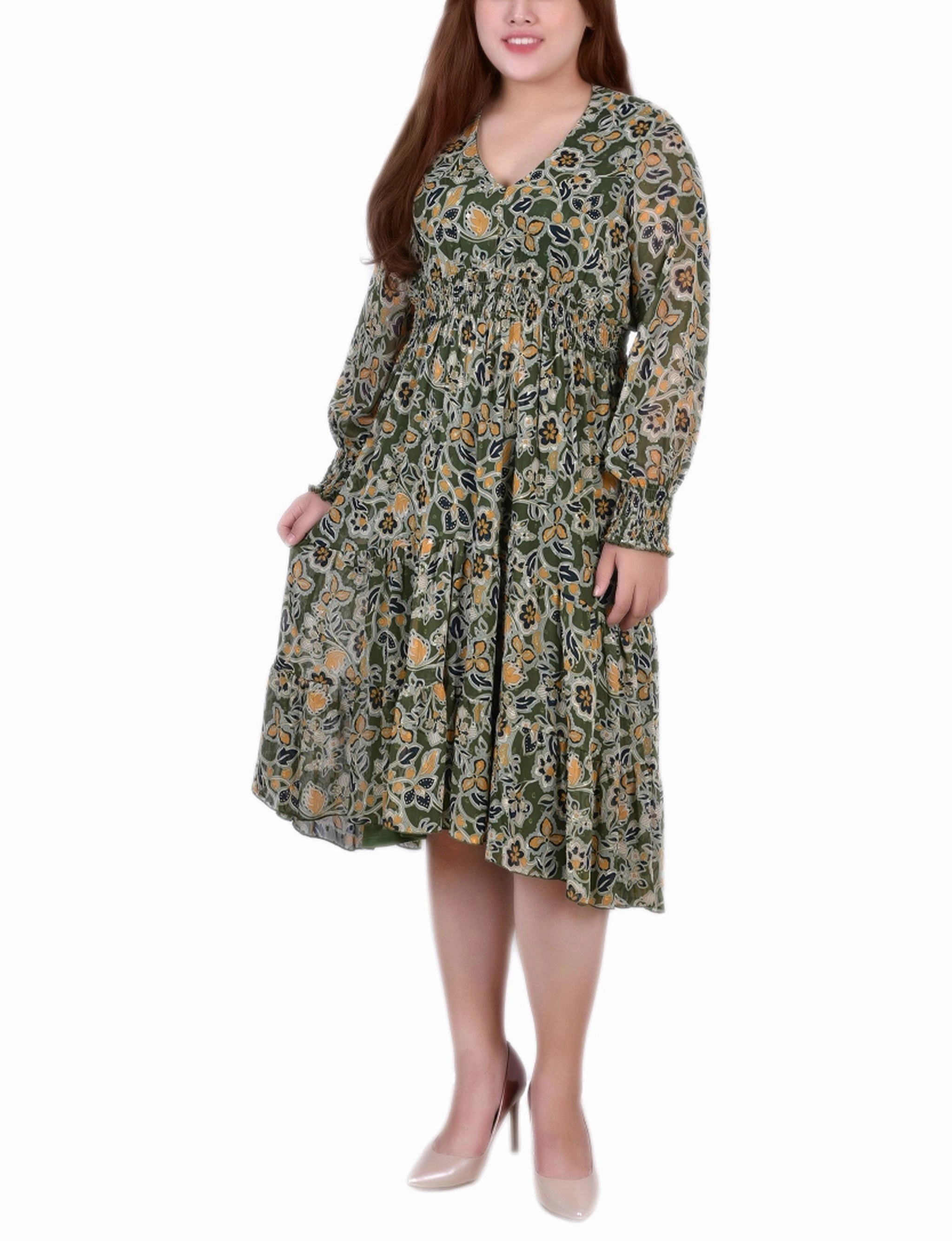 Bright-Hue Flow Ready Plus Size Long Sleeve Clip Dot Chiffon Dress With Smocked Waist and Cuffs