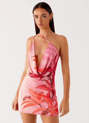 Easy Drape Bohemian Bliss Mesh Mini Dress - Tropical Pink Print