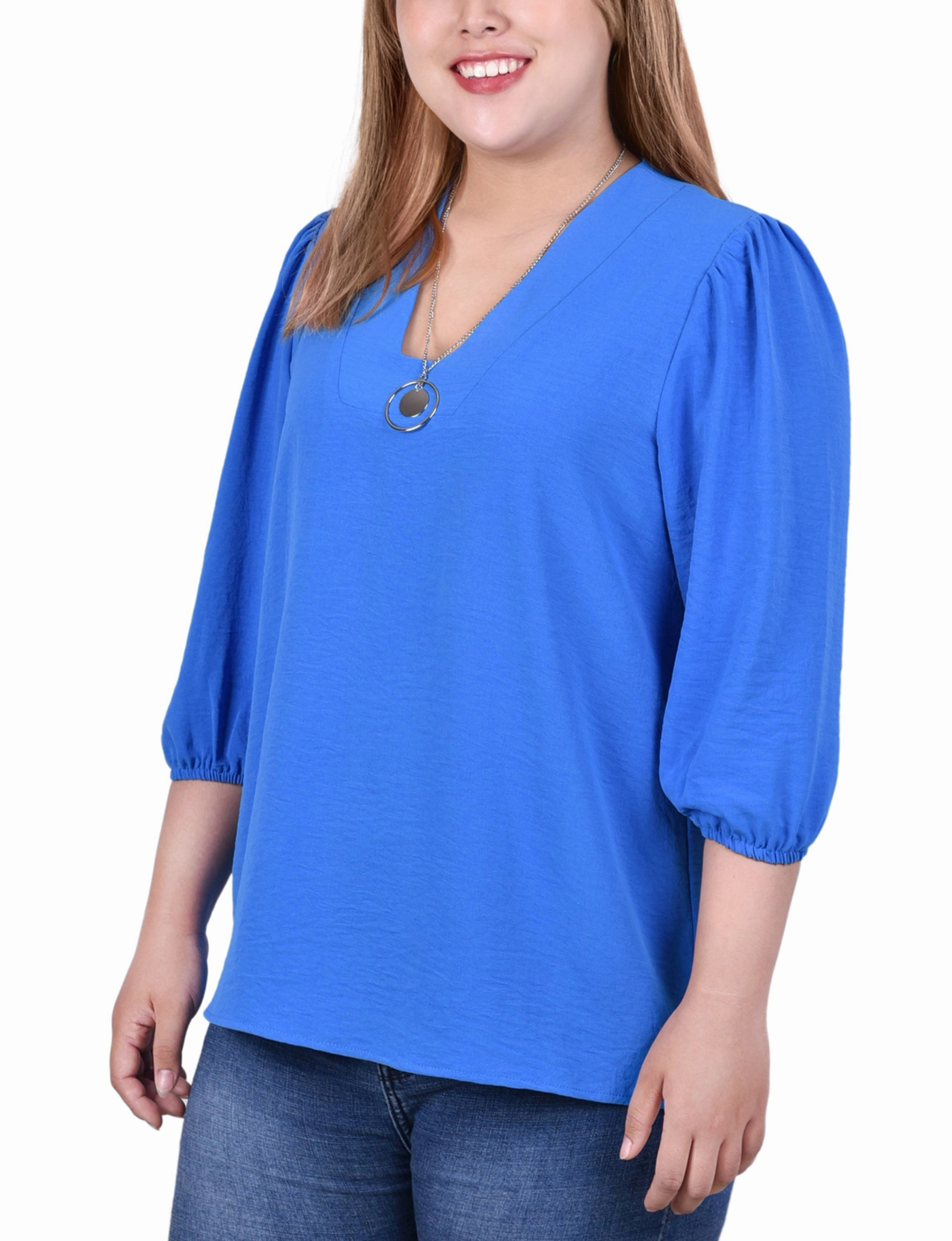 HeatSealed Seams AntiPillTreatment Plus Size 3/4 Puff Sleeve Blouse With Detachable Necklace