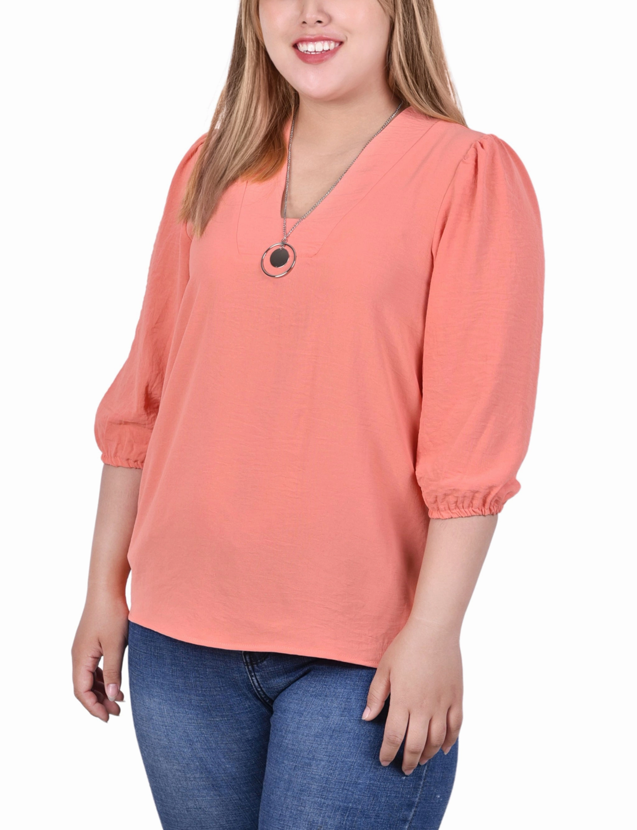Plus Size 3/4 Puff Sleeve Blouse With Detachable Necklace Simple Dress TearResistantWeave