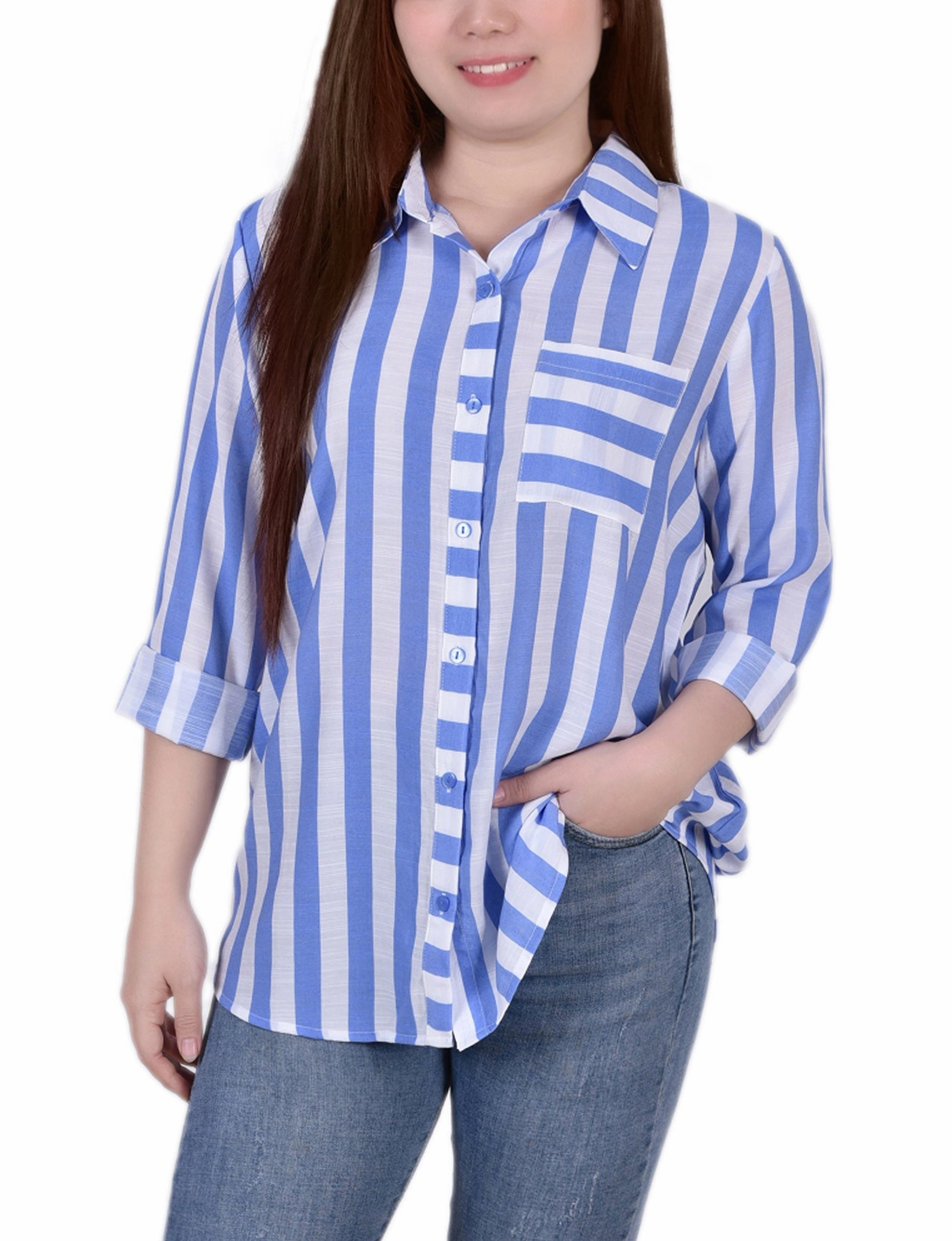Long Sleeve Striped Blouse Non Closure Collar