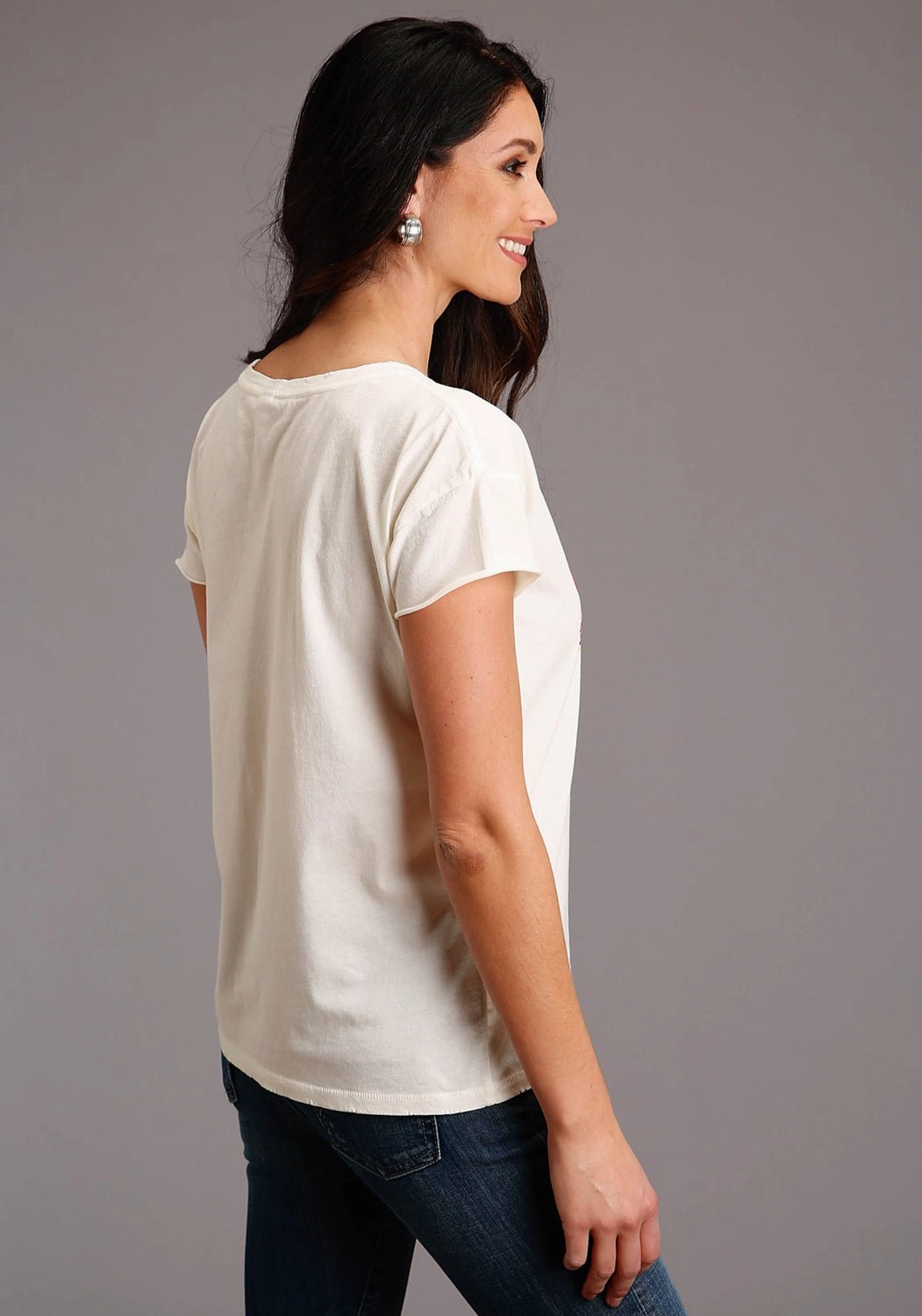 Stetson Womens White 100% Cotton Distressed Cowgirl S/S T-Shirt Relaxed Style Round Collar