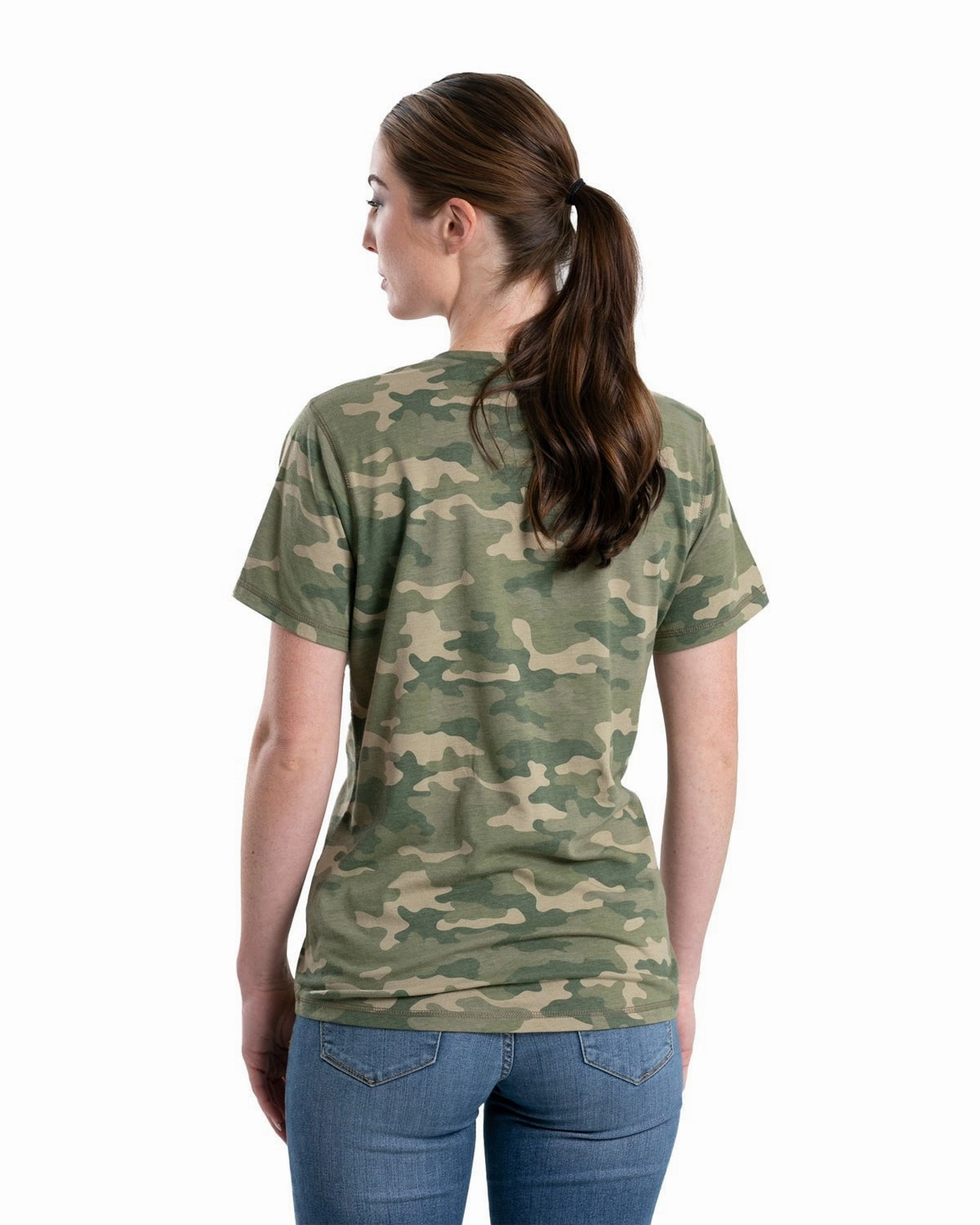 Berne Womens Performance V-Neck Forest Camo Cotton Blend S/S T-Shirt Snag Free Surface