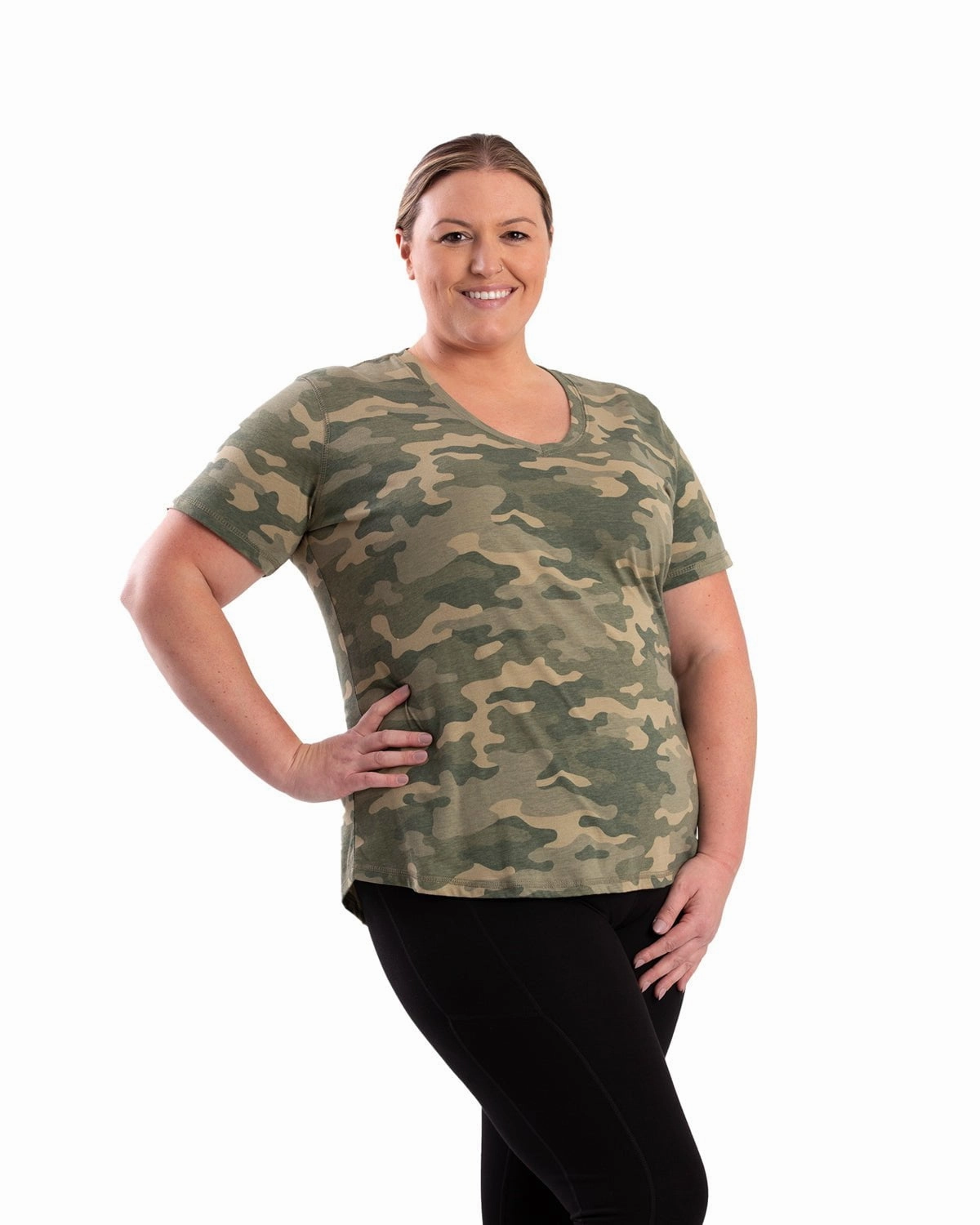 Multi Functional Pockets Berne Womens Performance V-Neck Forest Camo Cotton Blend S/S T-Shirt