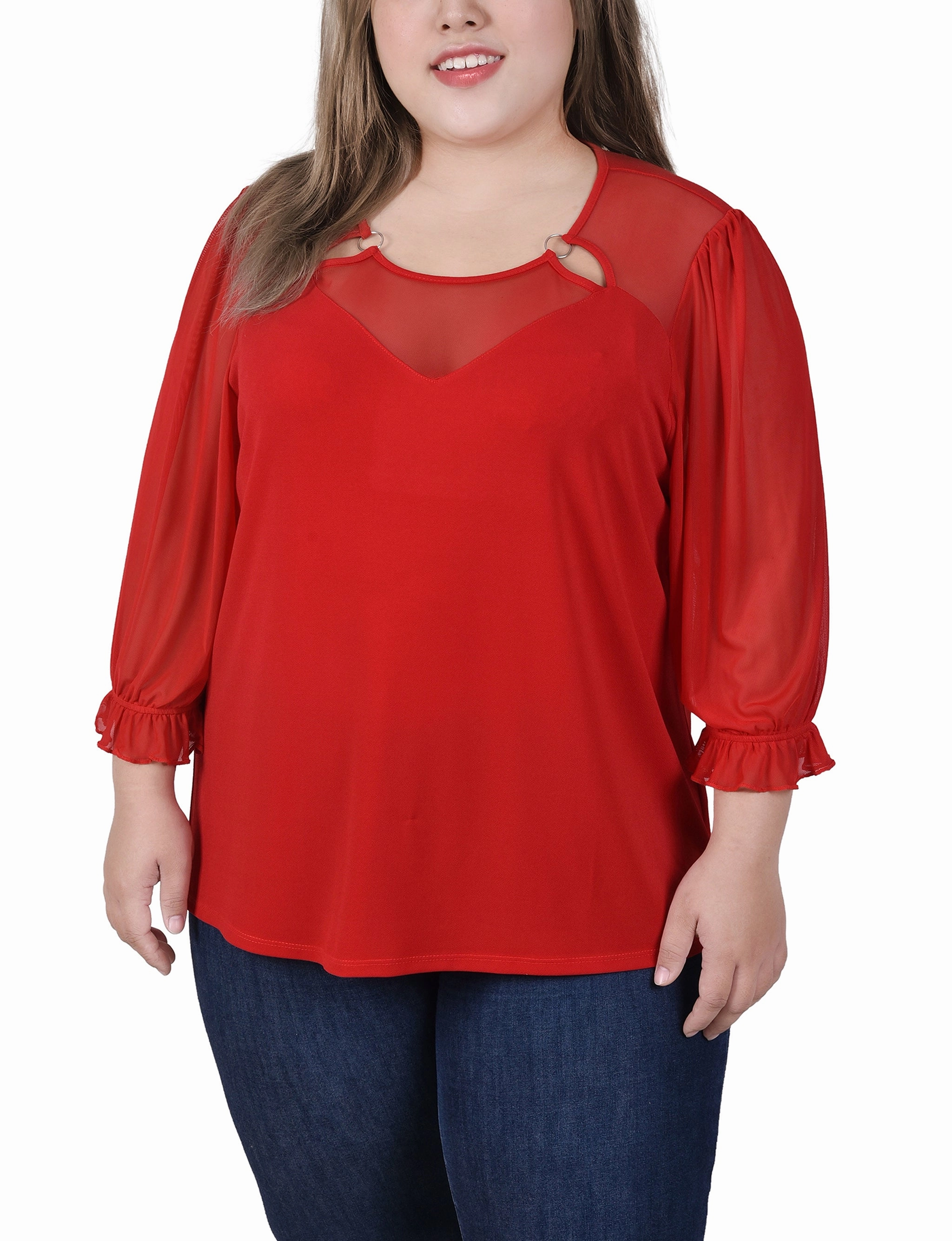 Plus Size 3/4 Sleeve Ringed Top With Mesh Water resistant coating Flatlock Seams
