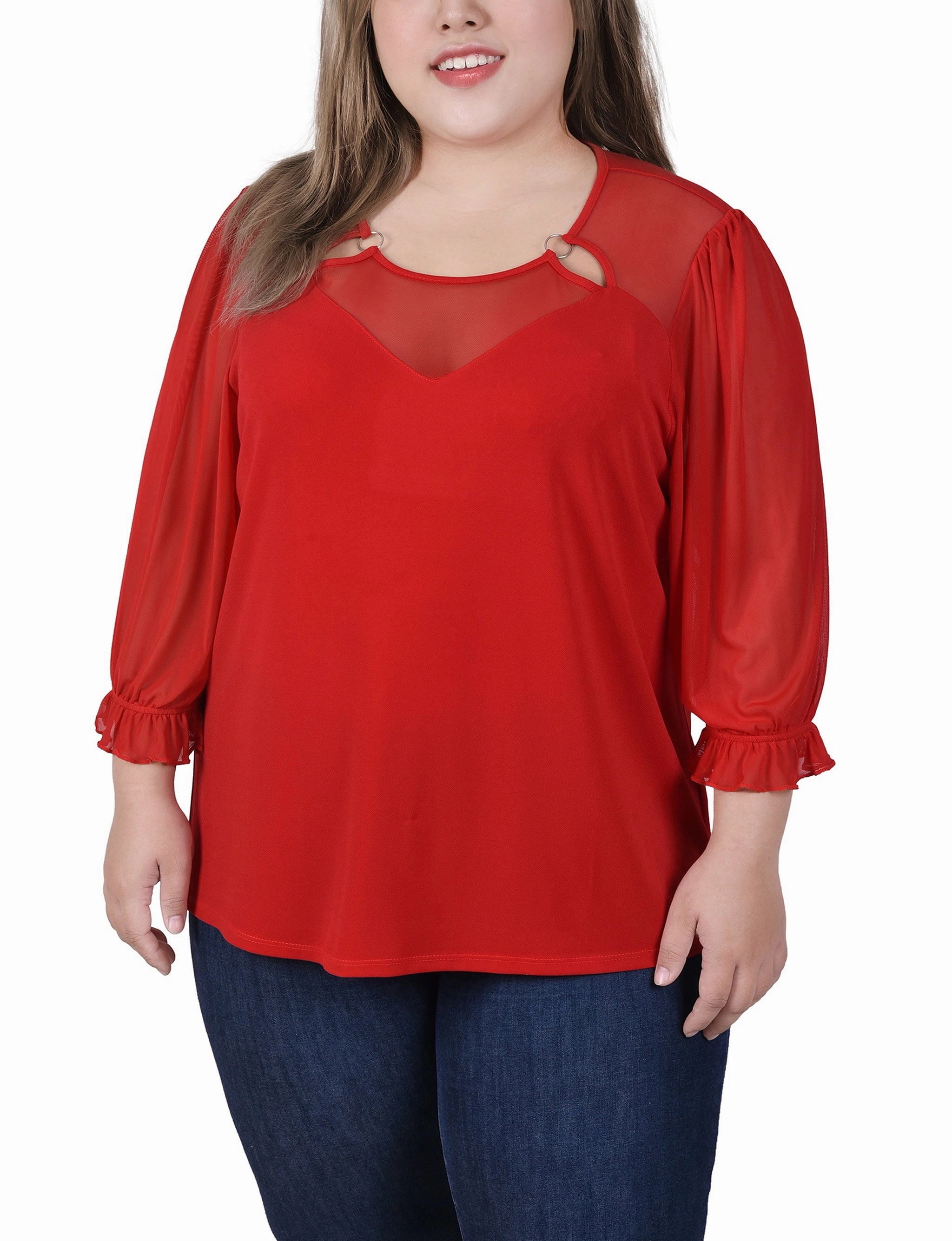 Office Classic Plus Size 3/4 Sleeve Ringed Top With Mesh