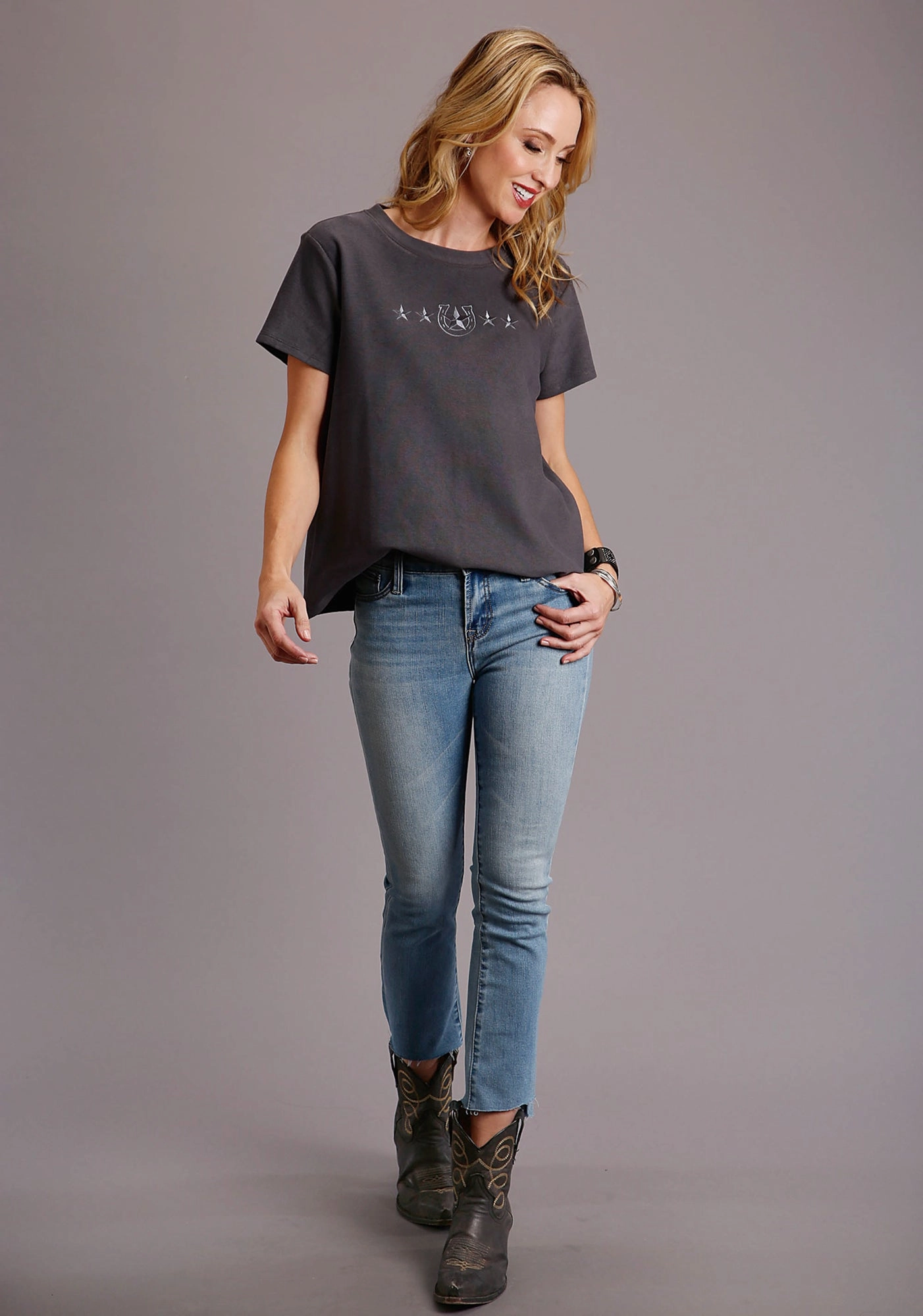 Soft Stretch Collar Functional Pocket Stetson Womens Charcoal 100% Cotton Slightly Fitted S/S T-Shirt