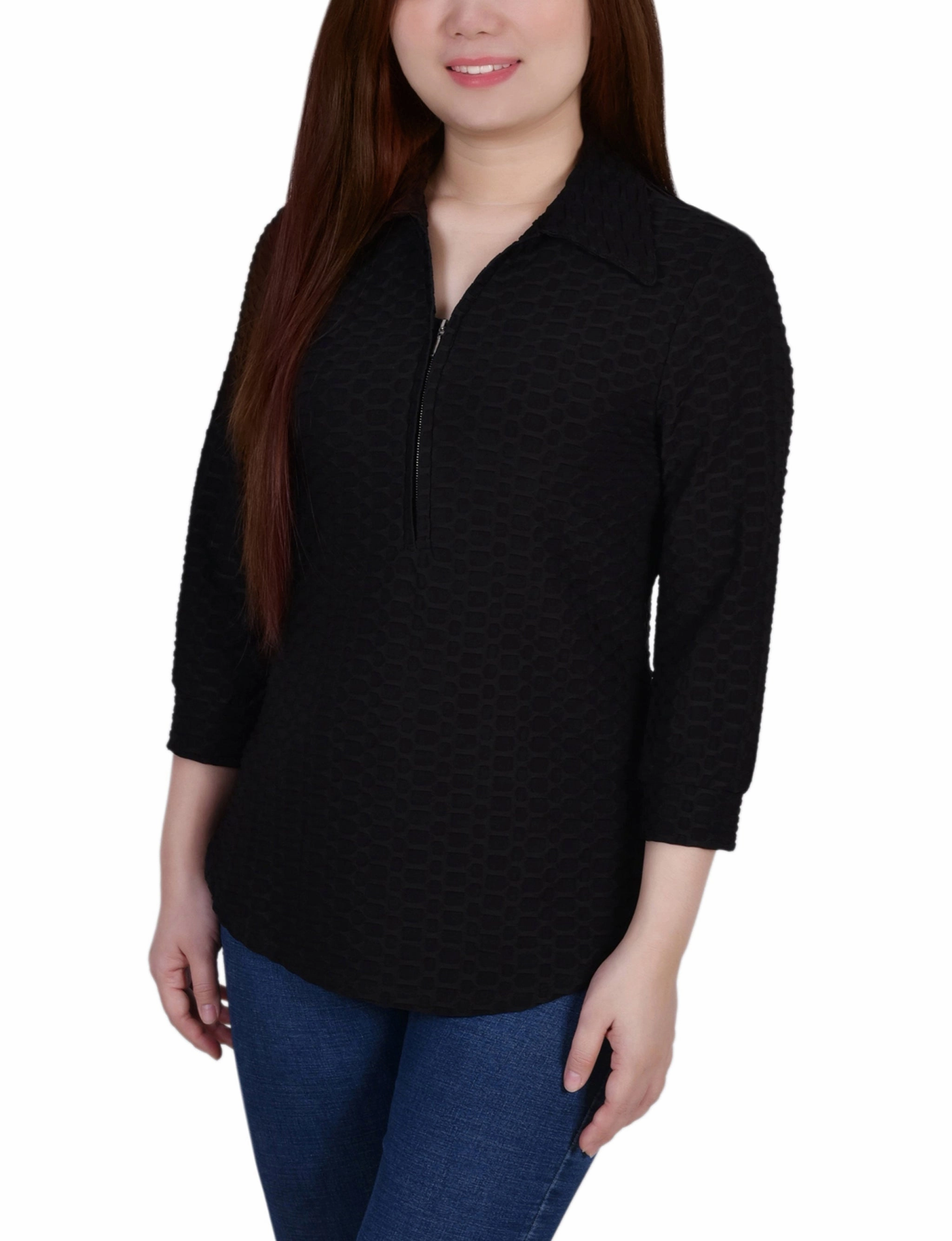 3/4 Sleeve Honeycomb Half Zip Collared Top Contemporary Cut