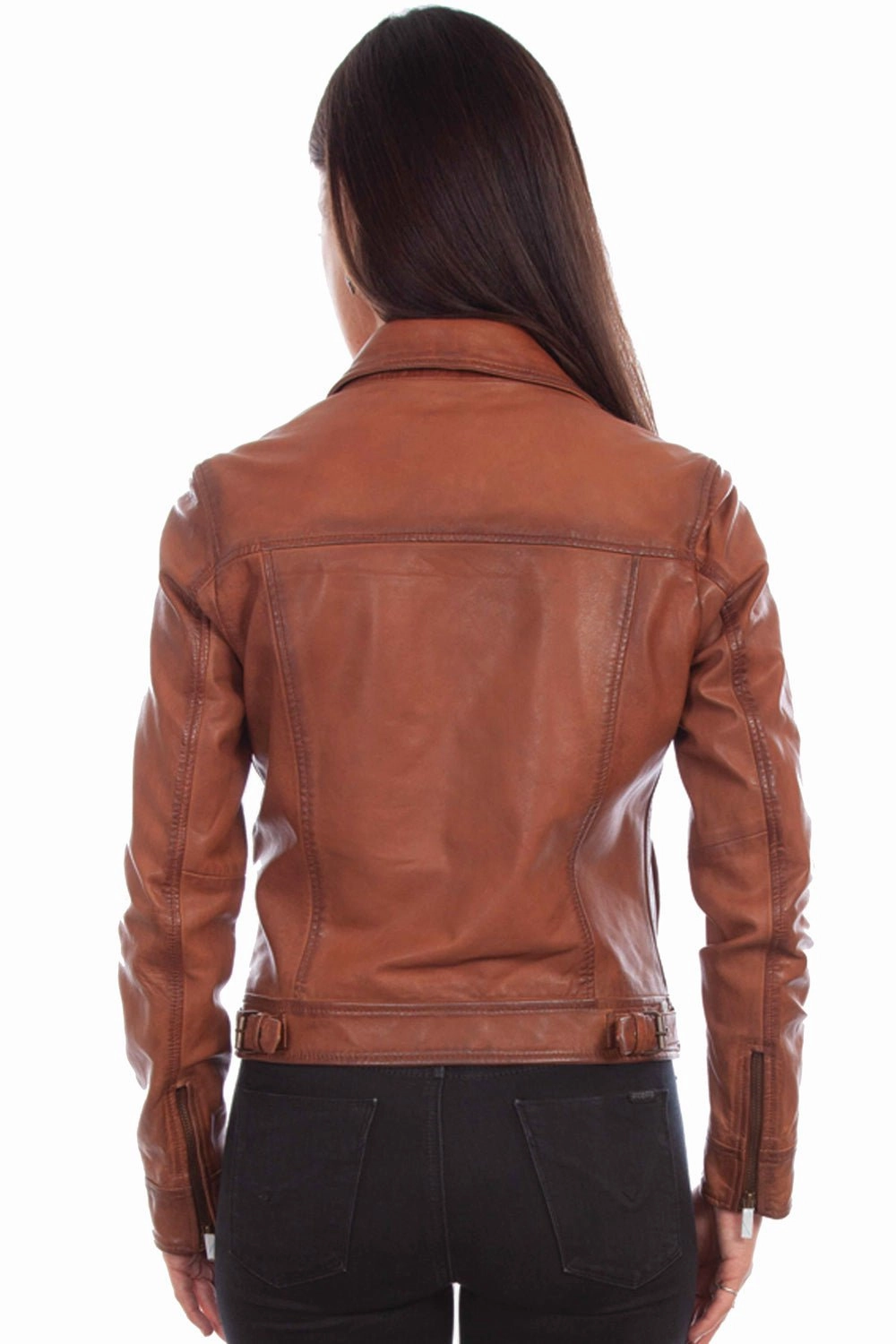 Clean Silhouette NonRestrictive Movement Design Scully Womens Cafe Racer Cognac Leather Leather Jacket