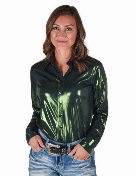 Cowgirl Tuff Womens Shiny Metallic Dark Green Polyester L/S Shirt Current Style Athletic Look