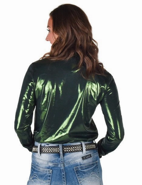 Cowgirl Tuff Womens Shiny Metallic Dark Green Polyester L/S Shirt Quick Dry Technology