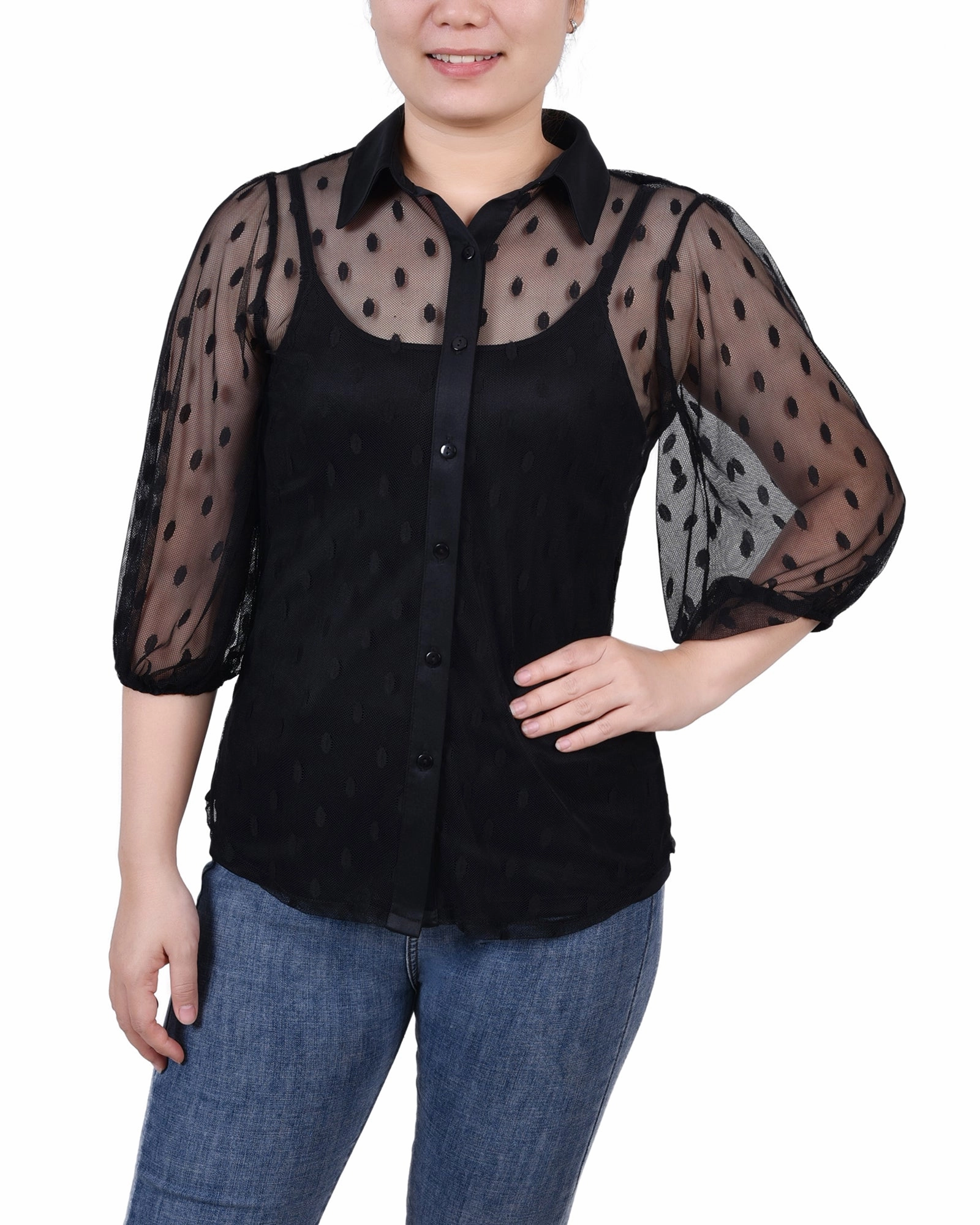 Petite Elbow Sleeve Clip Dot Blouse With Camisole NonRestrictive Cut Sport Hoodie