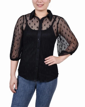 Snag Resistant Surface CrossGrain Fabric Petite Elbow Sleeve Clip Dot Blouse With Camisole