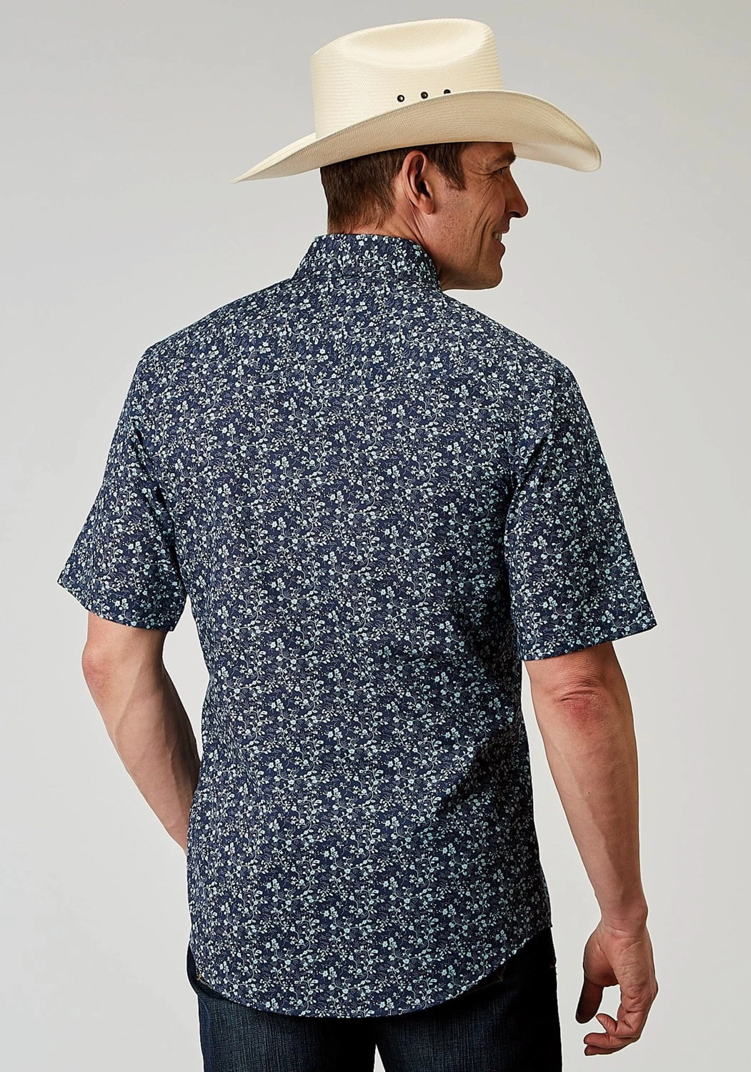 Soft Touch Fabric Roper Mens 1962 Ditsy Floral Blue Cotton Blend S/S Shirt
