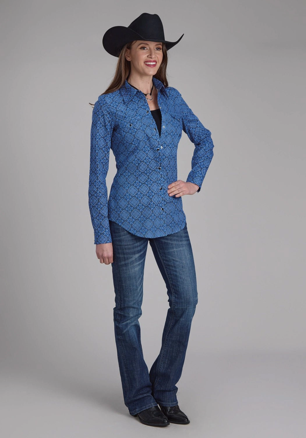 Roper Womens Sapphire Ornamental Blue 100% Cotton L/S Shirt Distressed finish