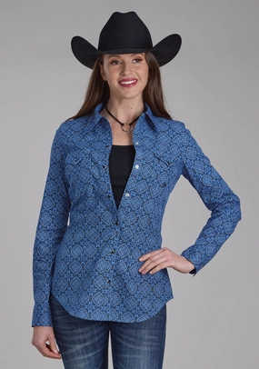 Sporty Look Trendsetting Roper Womens Sapphire Ornamental Blue 100% Cotton L/S Shirt